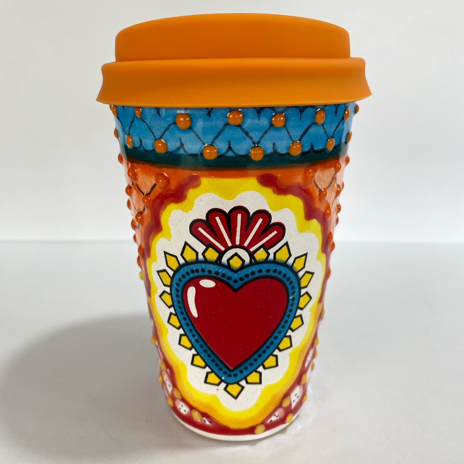 TERMO 15 CM SIN ASA, SAGRADO CORAZON MULTICOLORES TAPA NARANJA CON BANDA