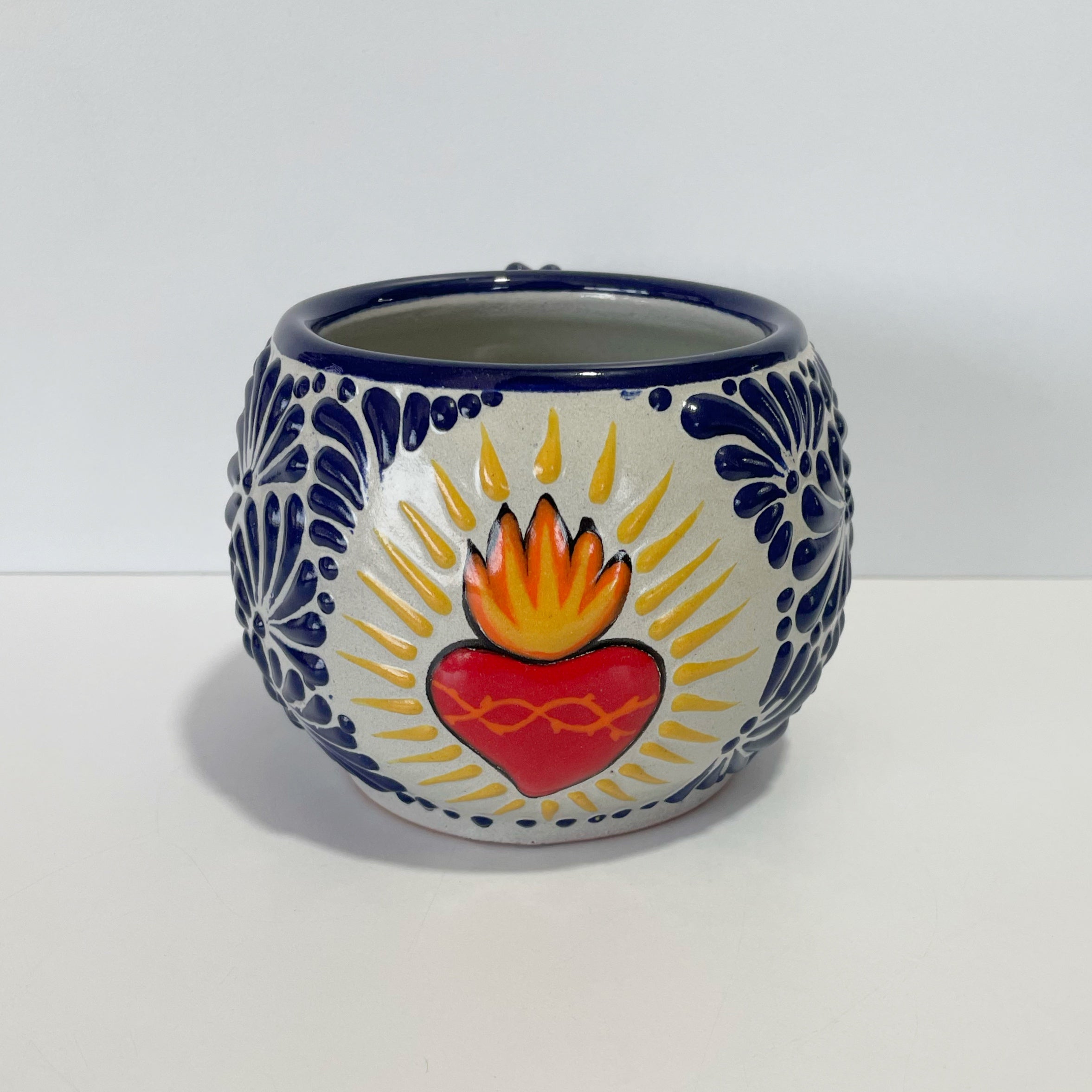 TAZA CHOCOLATERA GRANDE SAGRADO CORAZON FONDO BLANCO MIK AZUL COBALTO