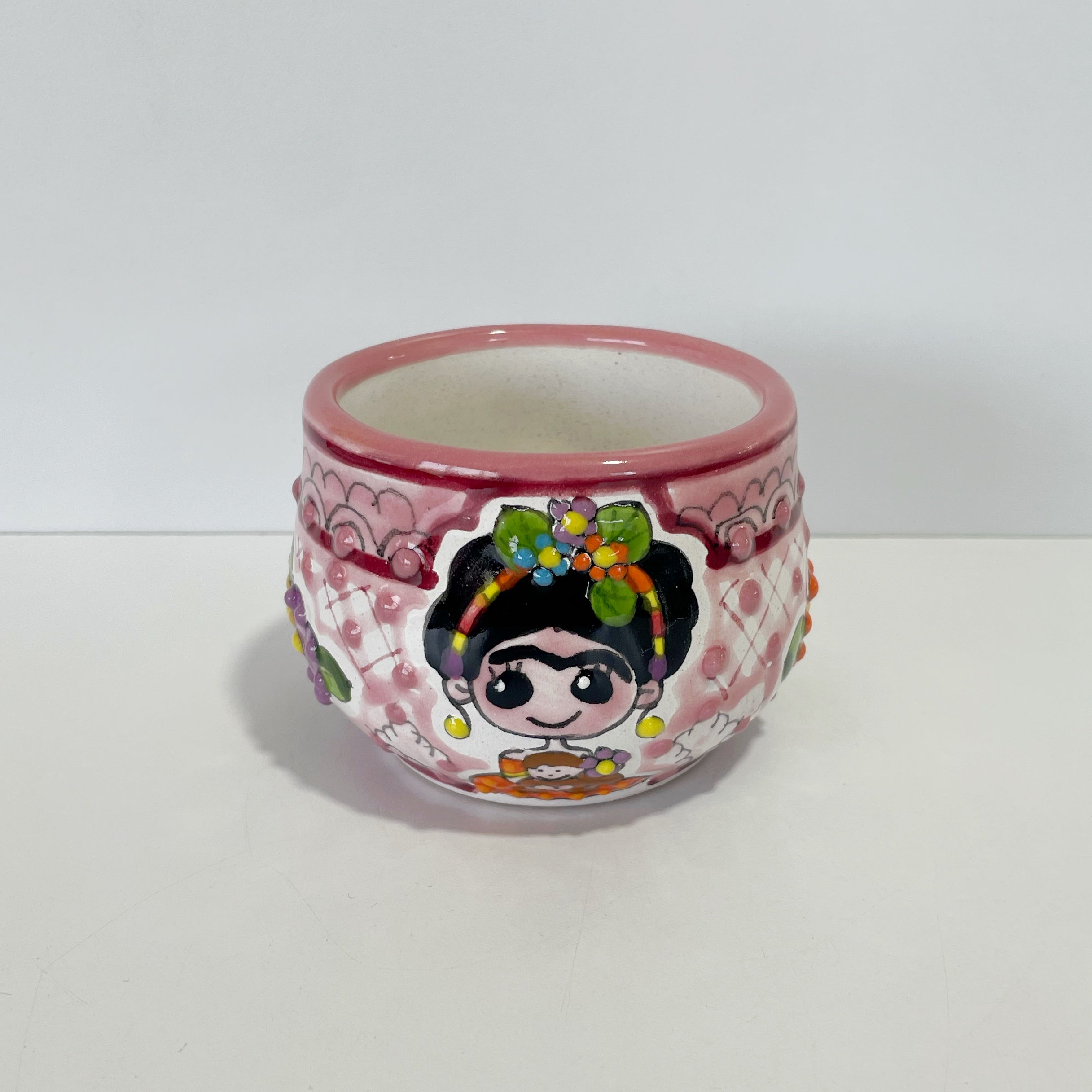 TAZA CHOCOLATERA MEDIANA FONDO TRADICIONAL CENEFA ROSA MEXICANITA FLORES
