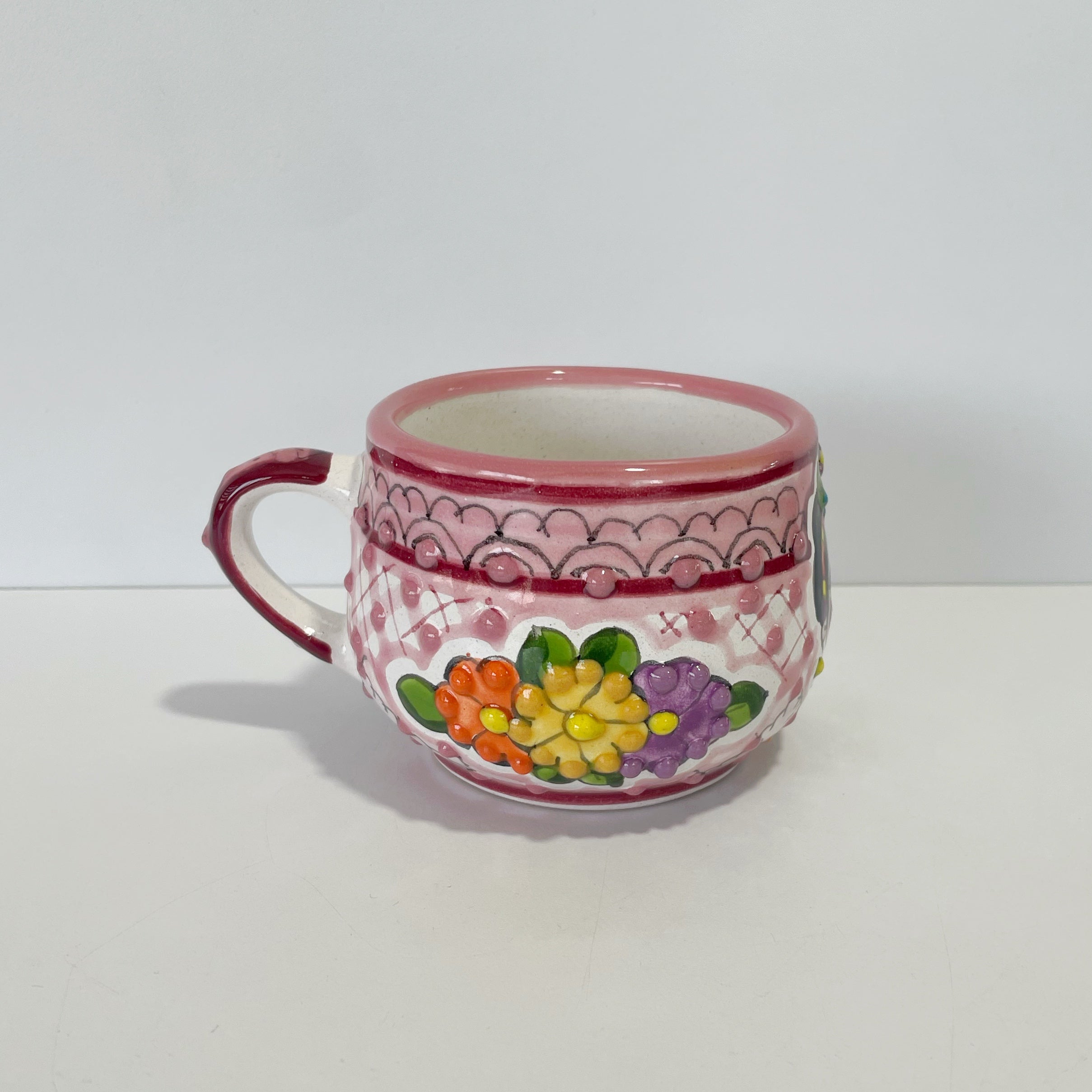 TAZA CHOCOLATERA MEDIANA FONDO TRADICIONAL CENEFA ROSA MEXICANITA FLORES