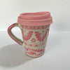 TERMO TAZA 10 CM, FONDO BLANCO DECORADO ROSA ESTILO CENEFA