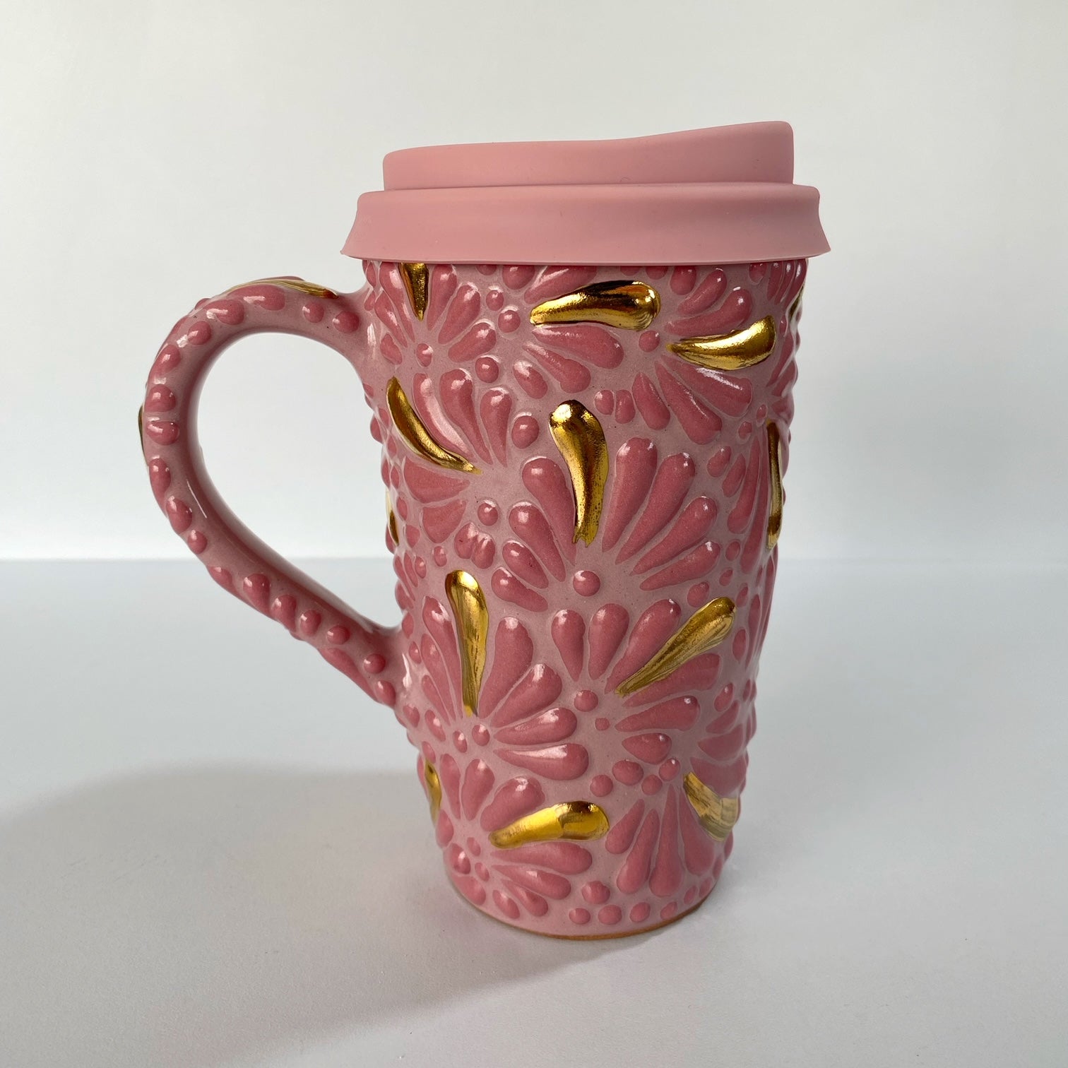 DESTELLOS DE ORO TERMO CON ASA 15 CM, FONDO ROSA DECORADO ROSA