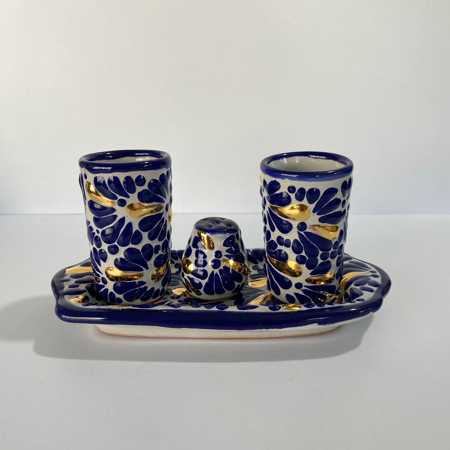 SET TEQUILERO 4 PIEZAS FONDO TRADICIONAL MIK AZUL COBALTO DESTELLOS DE ORO