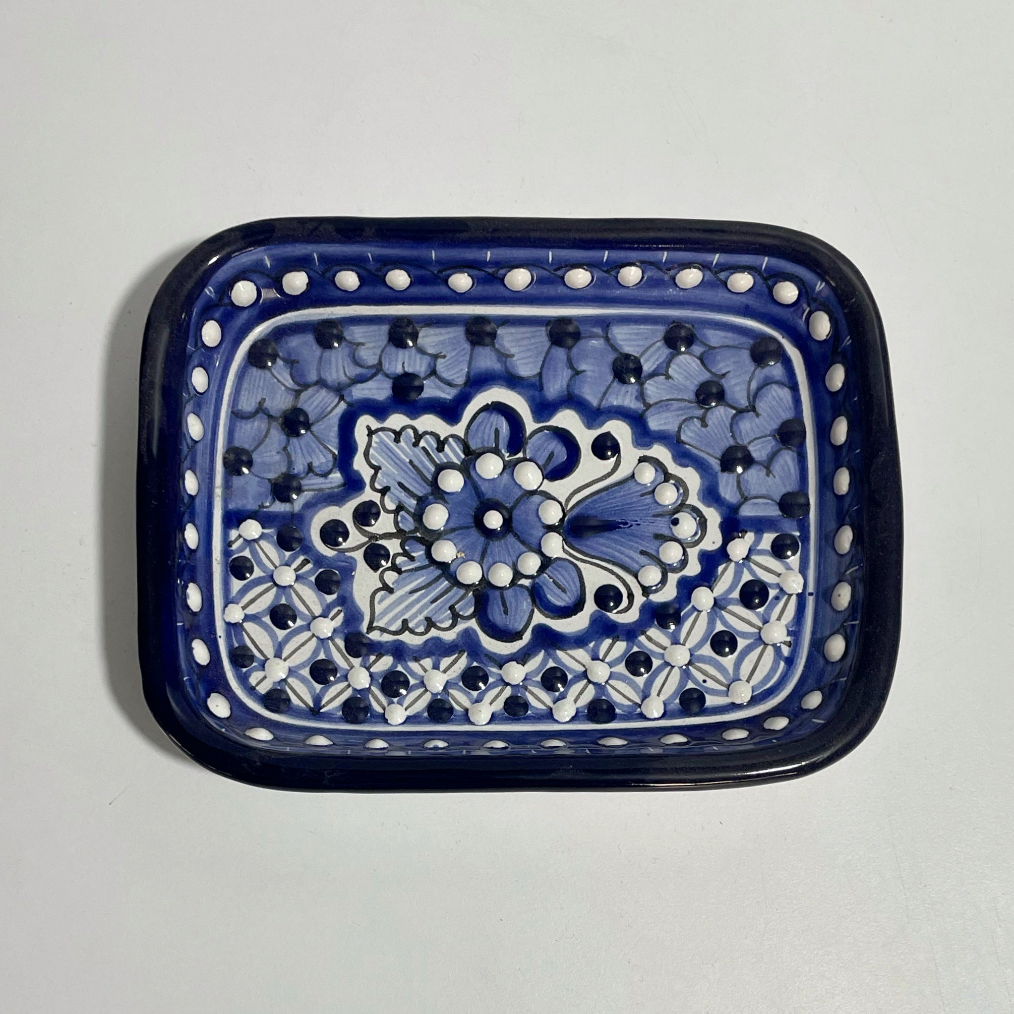 CHAROLA RECTANGULAR 17 CM DECORADO FLORES AZUL COBALTO