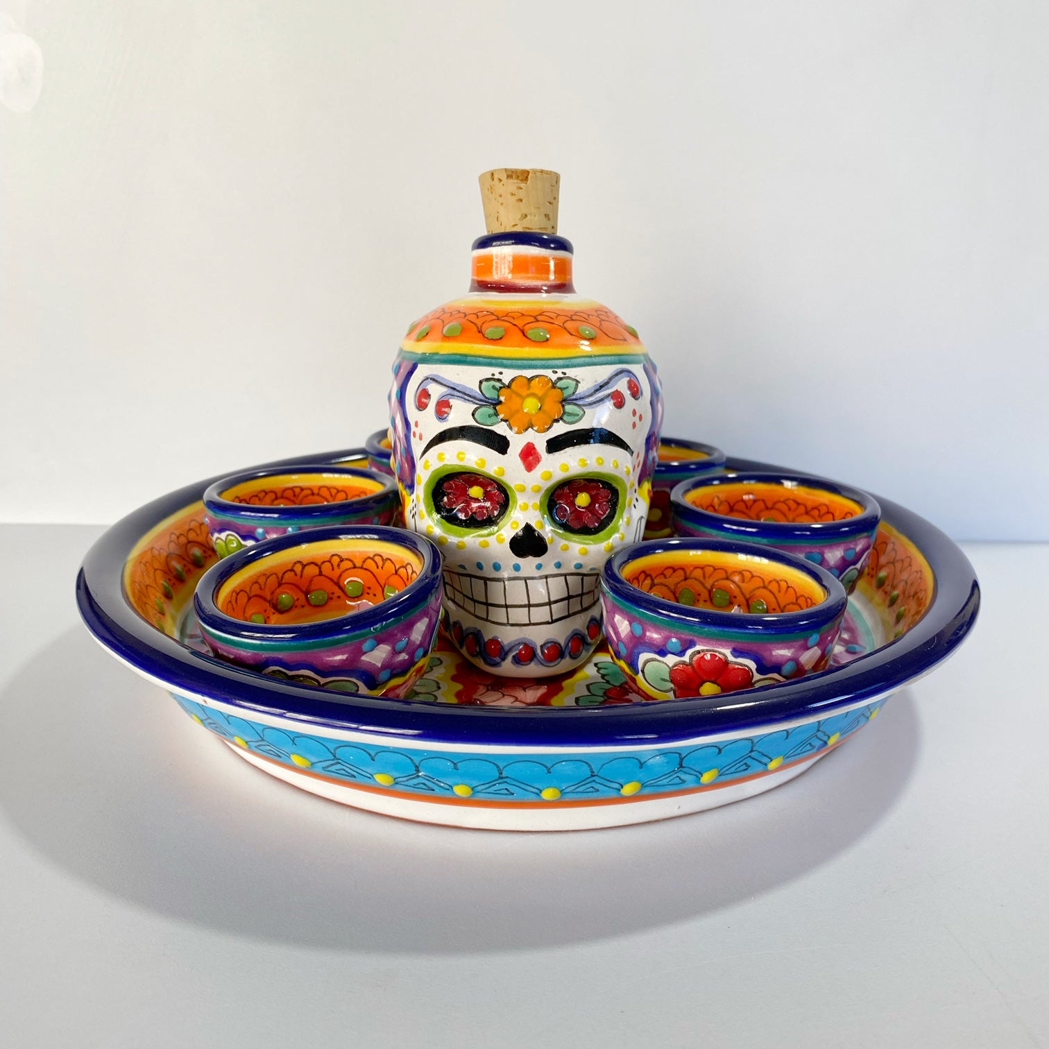 SET LICORERA FORMA CALAVERA MULTICOLORES FLORES