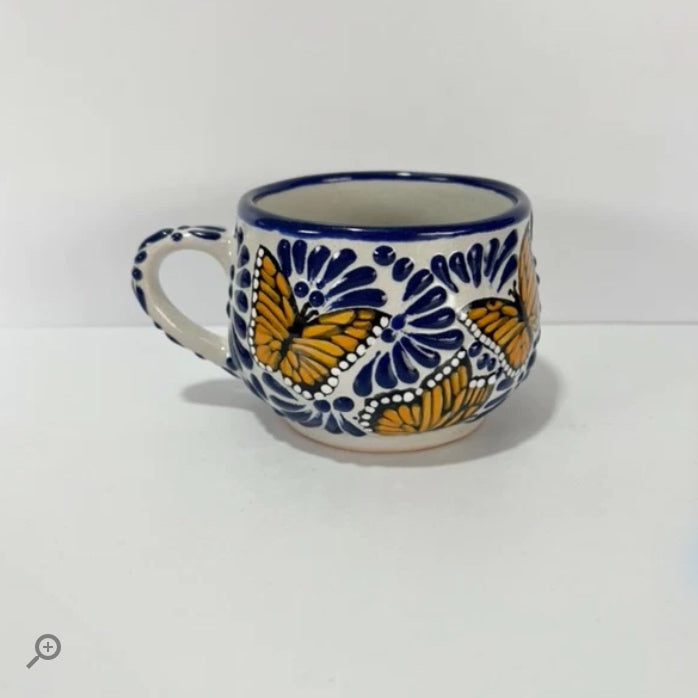 TAZA CHOCOLATERA MEDIANA, AZUL CON MARIPOSAS