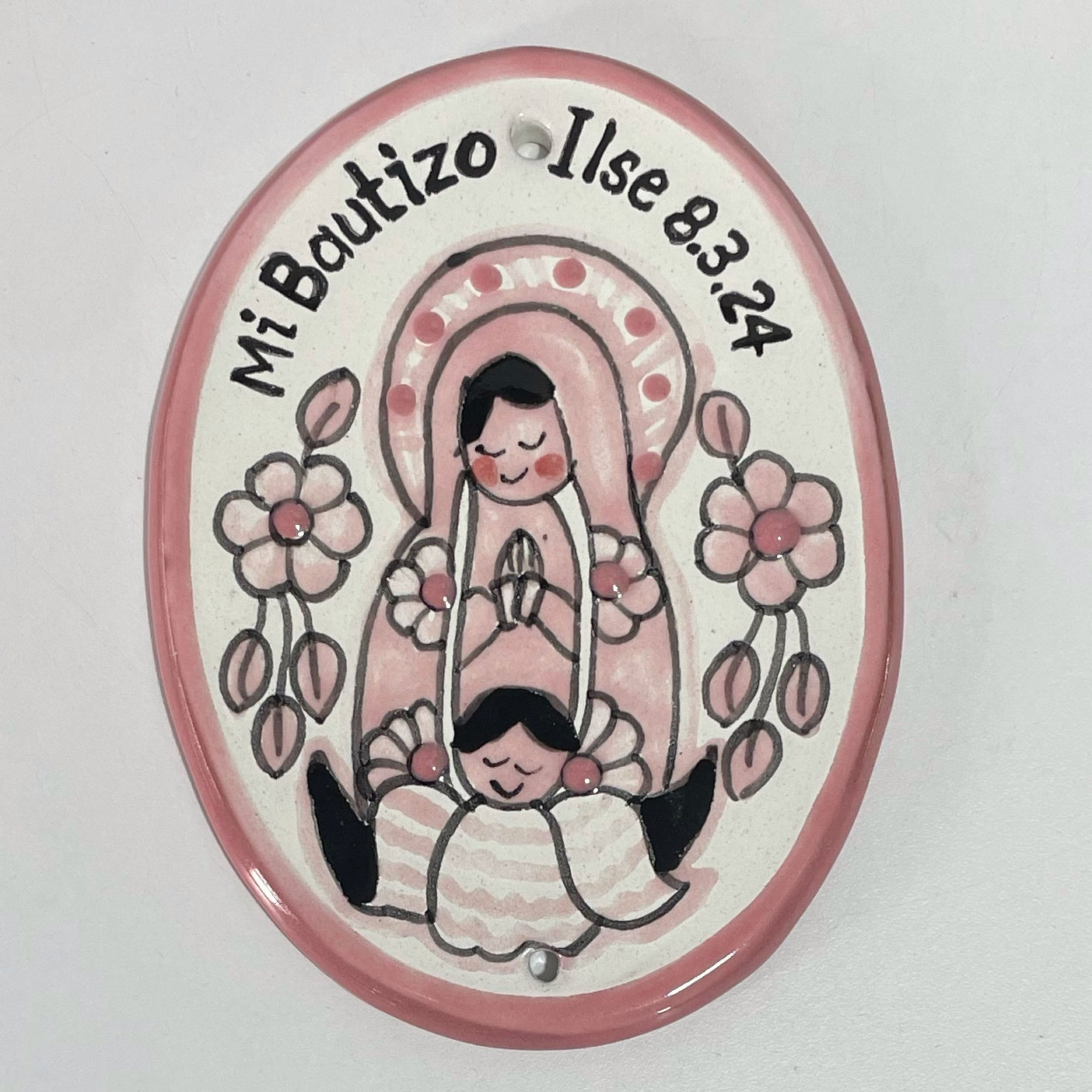 PAQUETE PLACA VIRGEN 14 CM FONDO BLANCO DECORADO FLORES ROSA