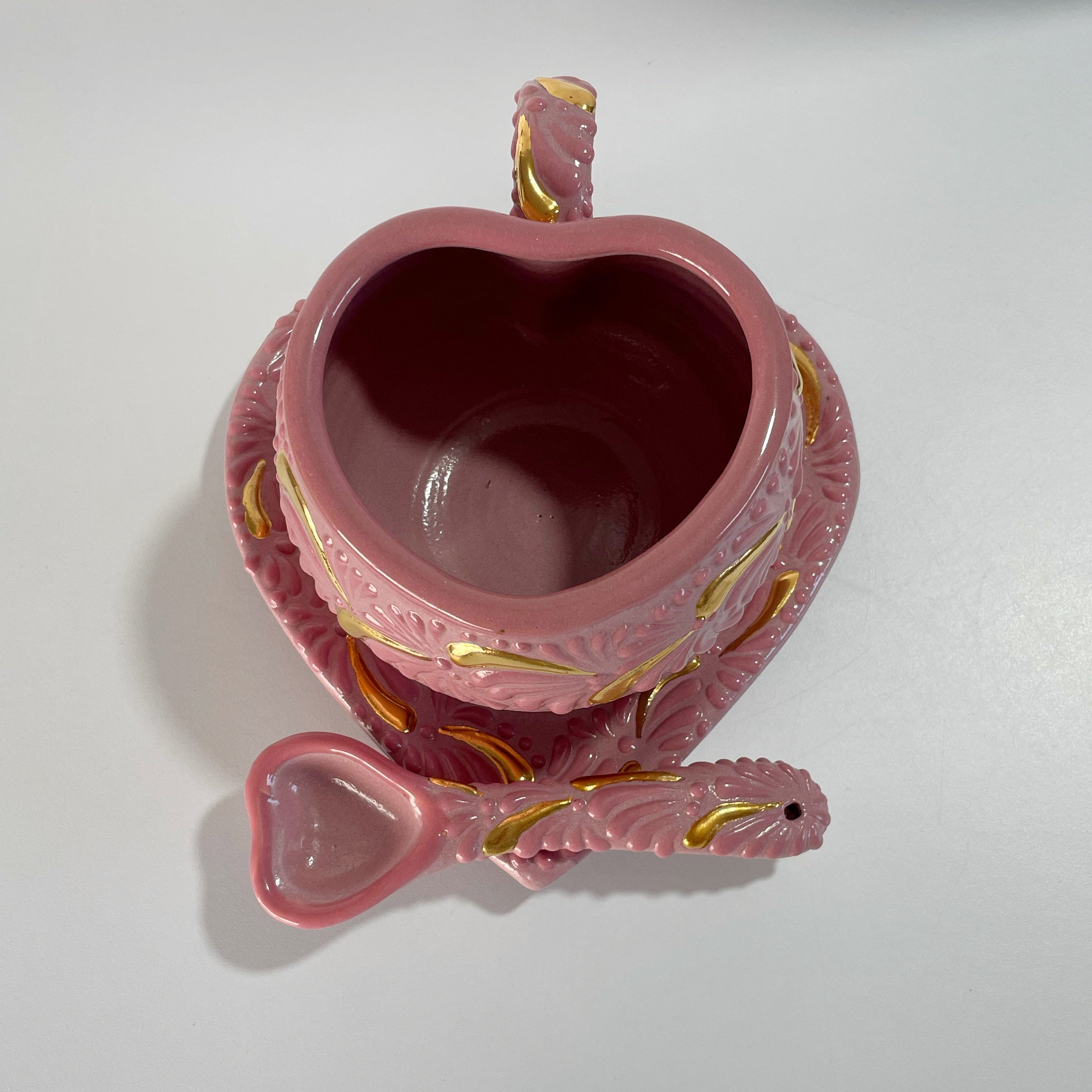 SET 3 PIEZAS TAZA FORMA CORAZON CHOCO GRANDE DESTELLOS DE ORO ROSA CENEFA MIK ROSA