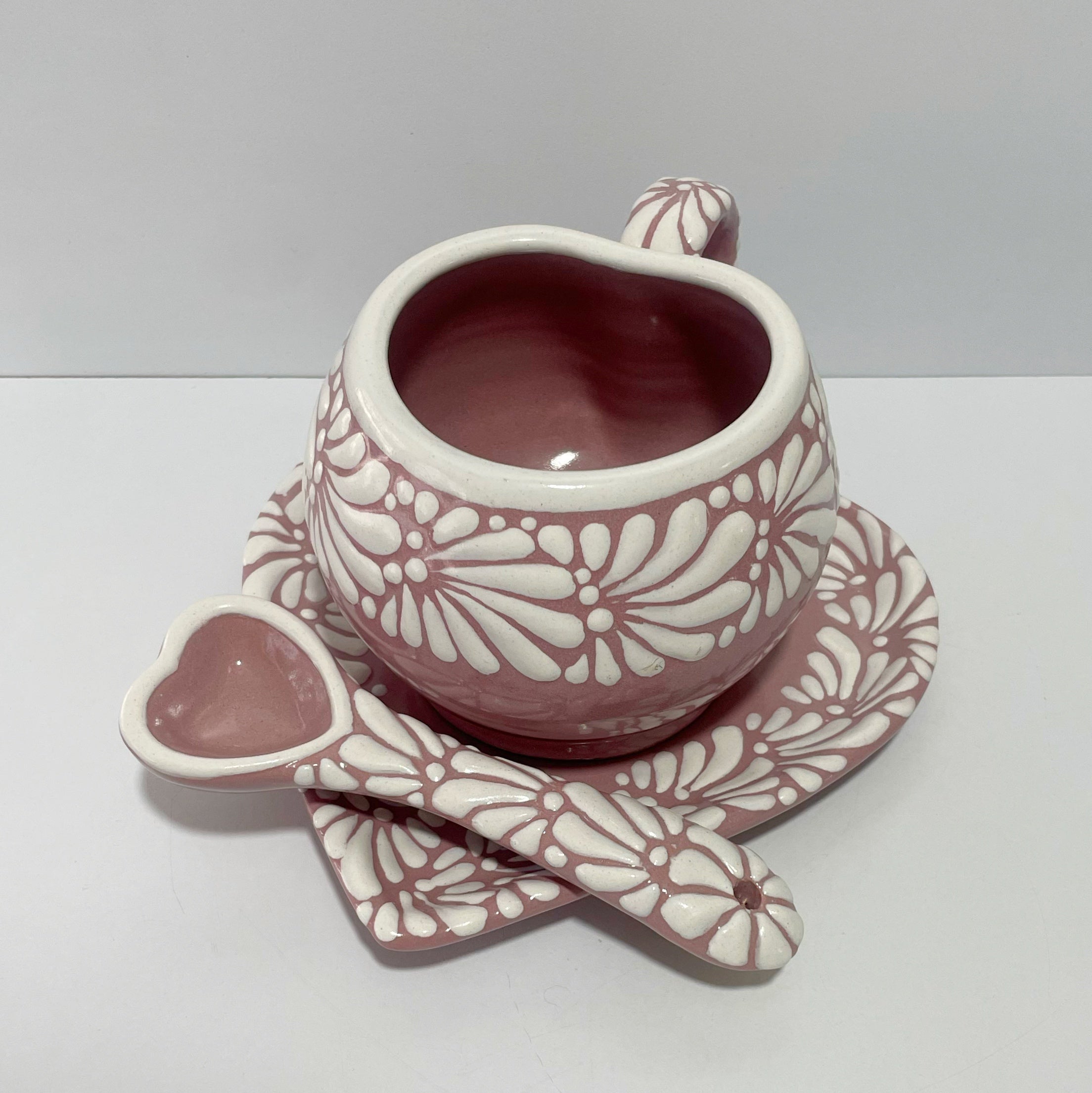 SET 3 PIEZAS TAZA FORMA CORAZON CHOCO GRANDE FONDO ROSA MIK CENEFA BLANCO