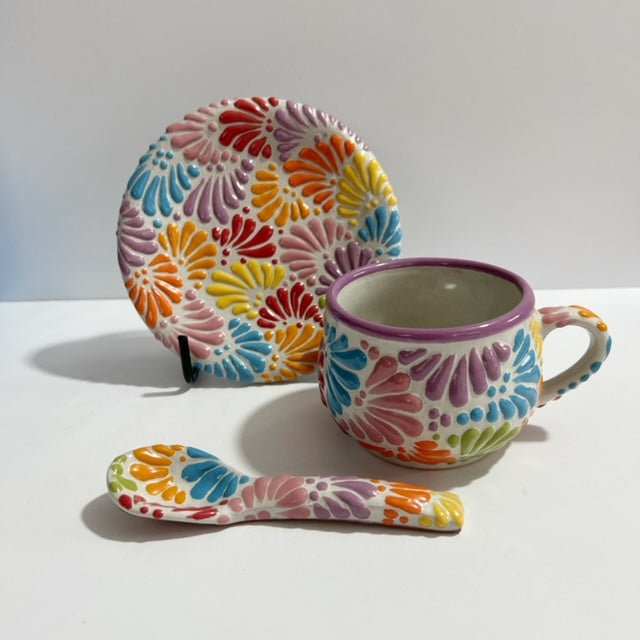 SET 3 PIEZAS TAZA CHOCOLATERA MEDIANA FONDO BLANCO MULTICOLOR MIK