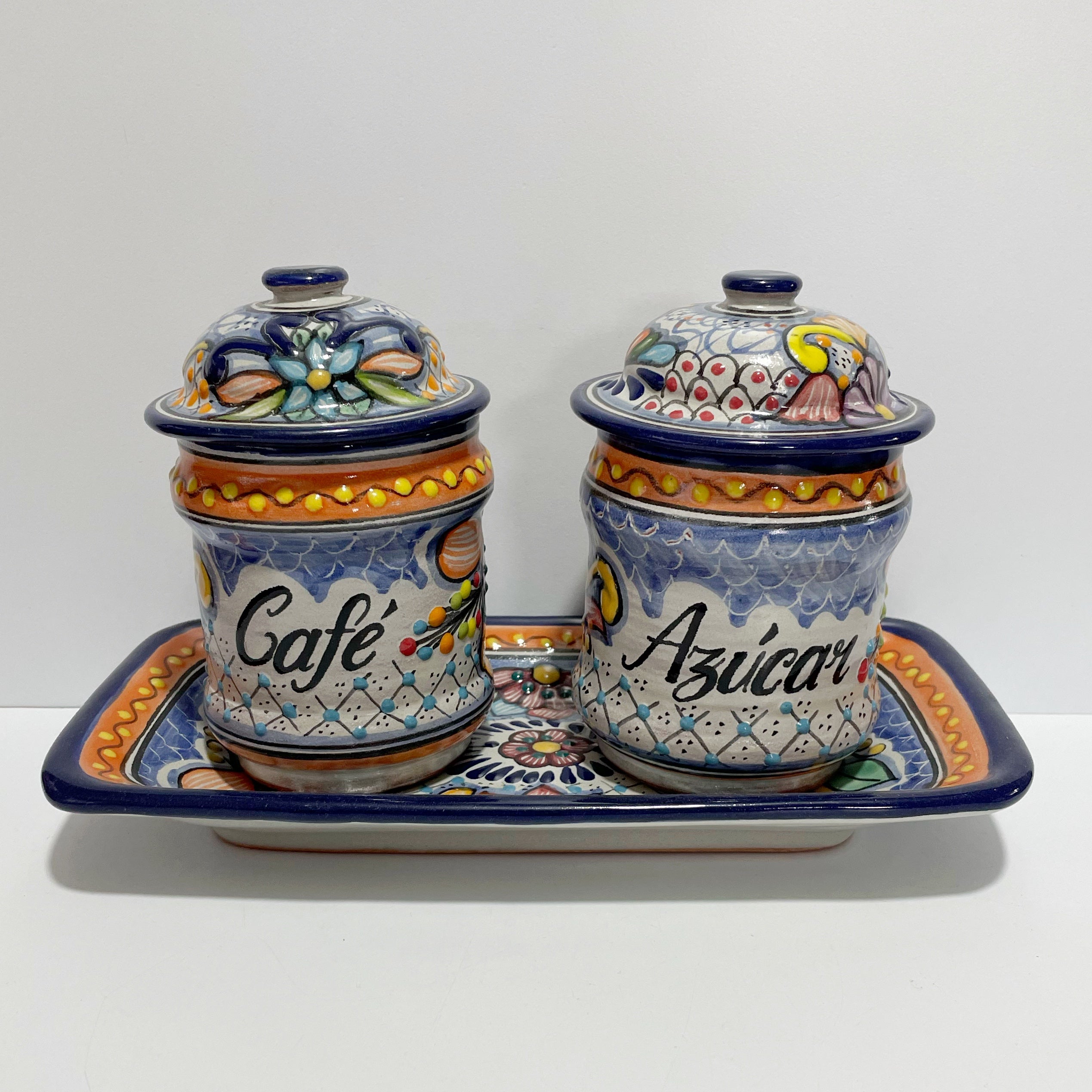 JUEGO DE CAFE Y AZUCAR MULTICOLORES ESTILO PUEBLA