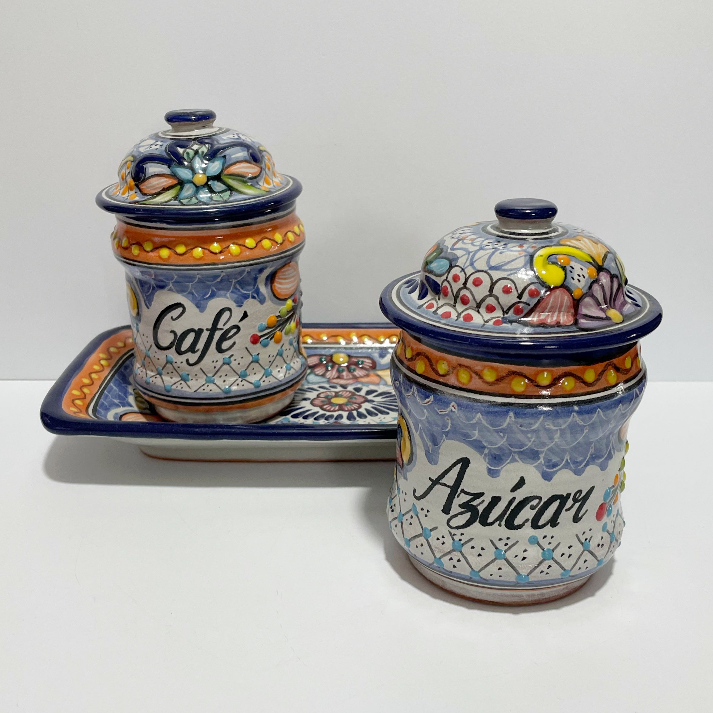 JUEGO DE CAFE Y AZUCAR MULTICOLORES ESTILO PUEBLA