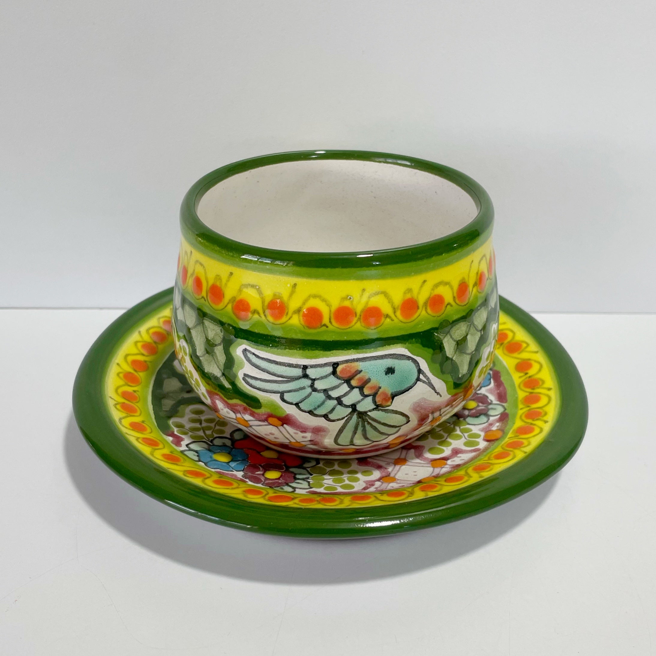 SET TAZA CHOCOLATERA MEDIANA Y PLATO DECORADO MULTICOLOR COLIBRI