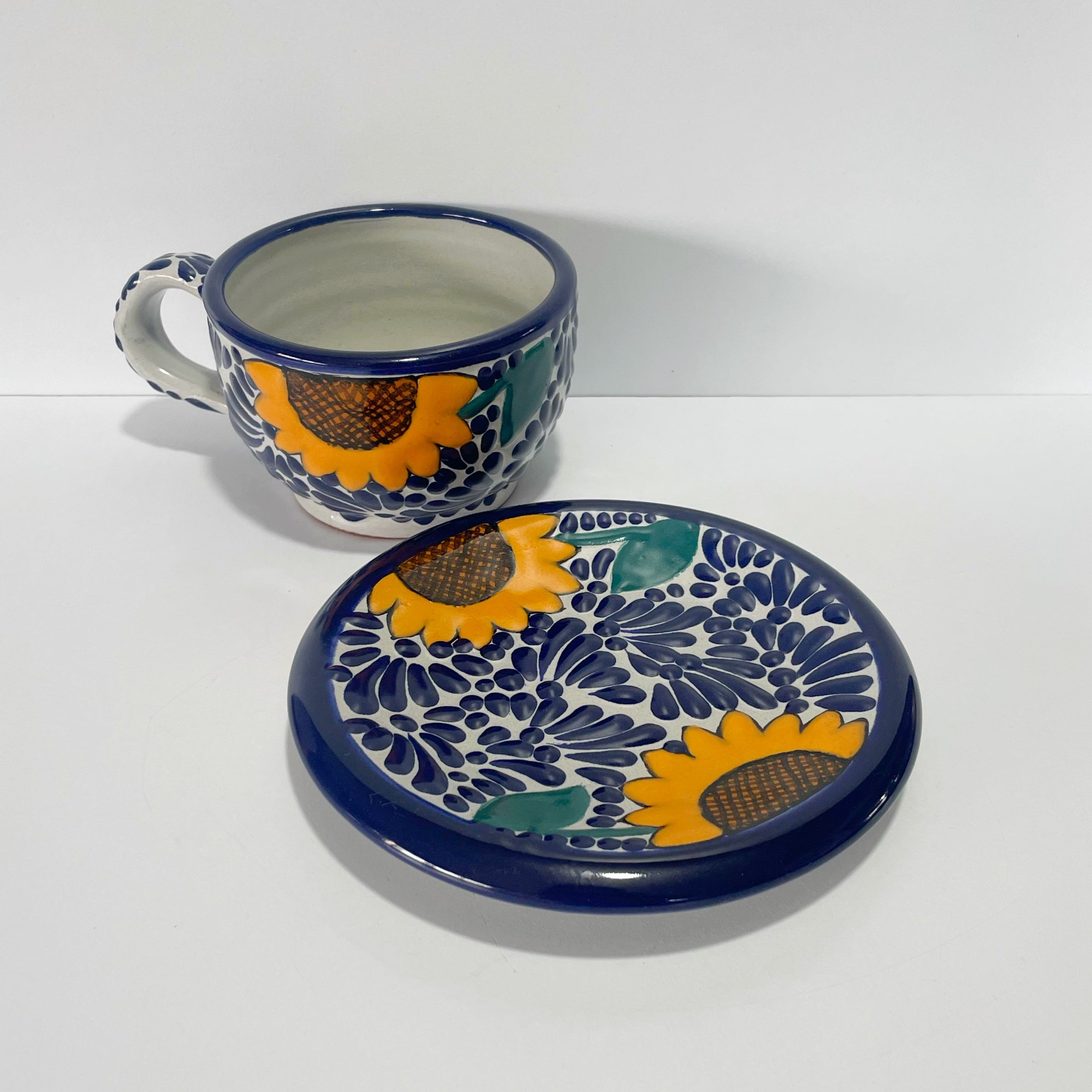SET TAZA 300 ML Y PLATO FONDO TRADICIONAL MIK AZUL COBALTO GIRASOLES