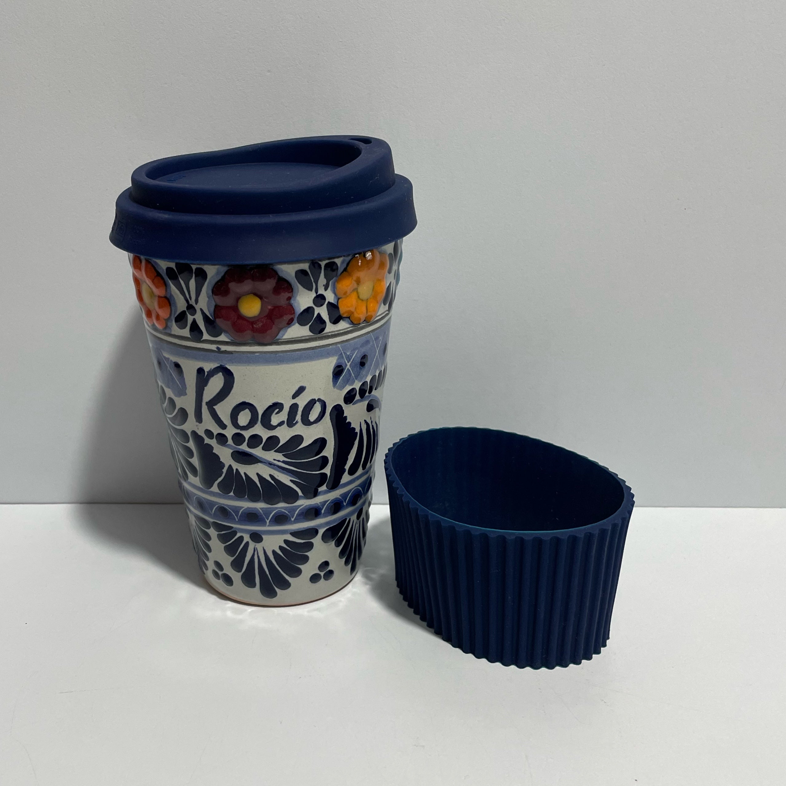 TERMO PERSONALIZADO 15 CM SIN ASA FONDO TRADICIONAL CENEFA AZUL COBALTO FRANJA FLORES NOMBRE