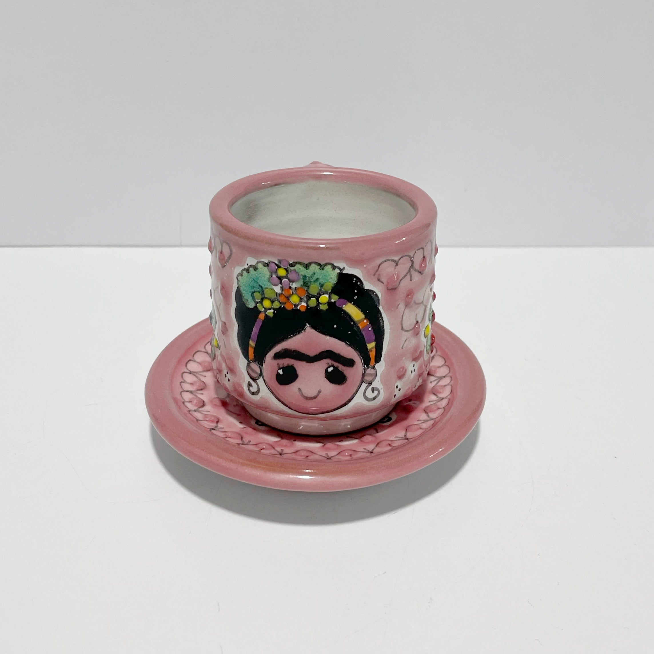 SET TAZA EXPRESO FONDO BLANCO DECORADO ROSA MEXICANITA
