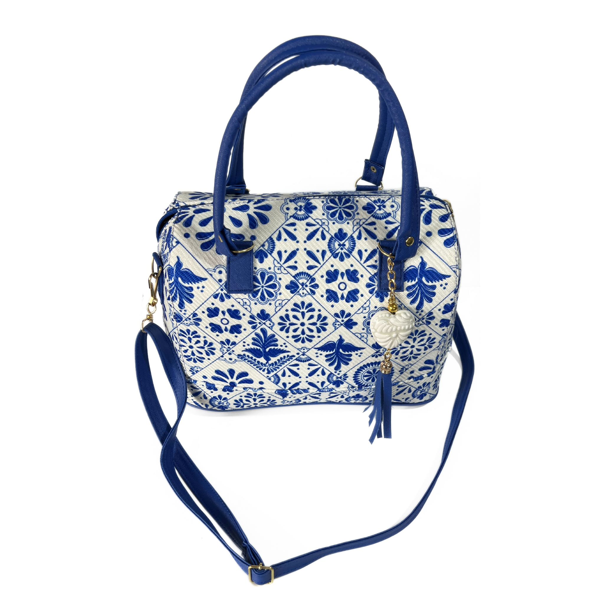 BOLSA COLOR AZUL COBALTO ESTILO TALAVERA CON LLAVERO BLANCO