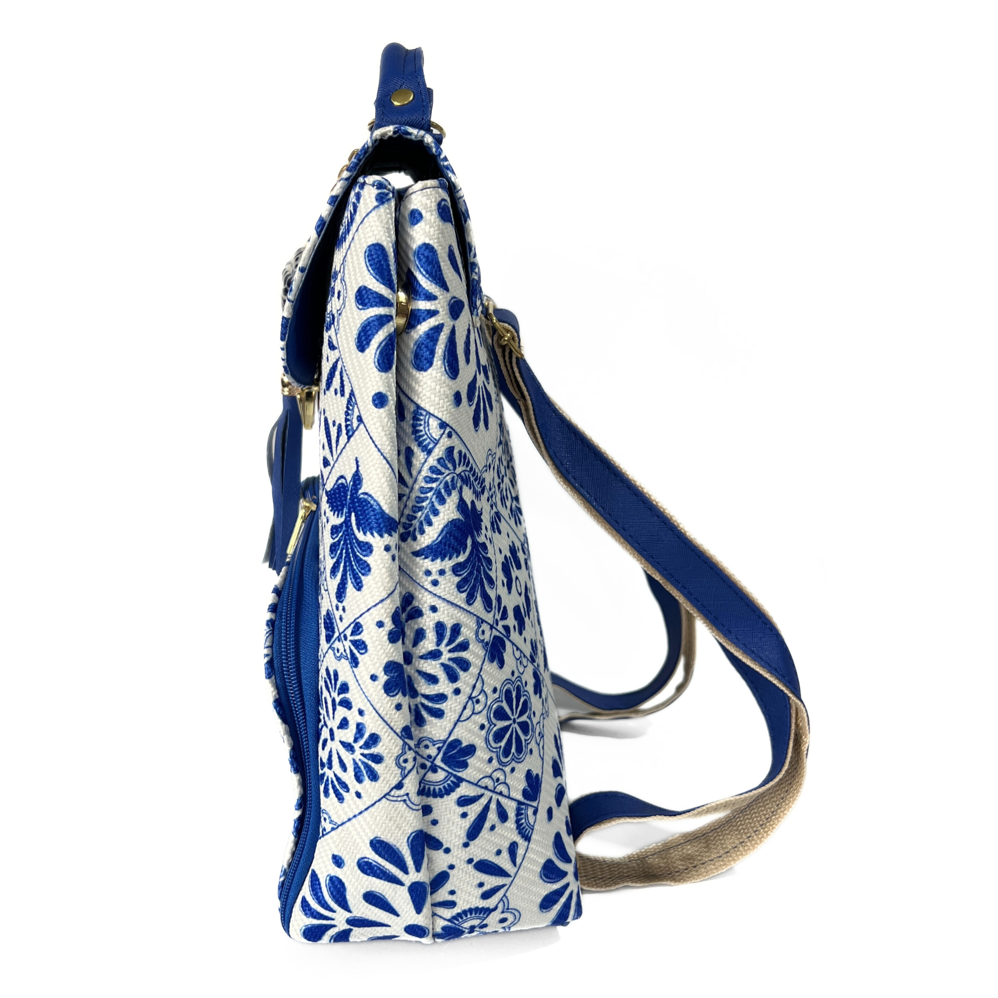 MOCHILA CON BROCHE COLOR AZUL COBALTO ESTILO TALAVERA CON LLAVERO AZUL COBALTO