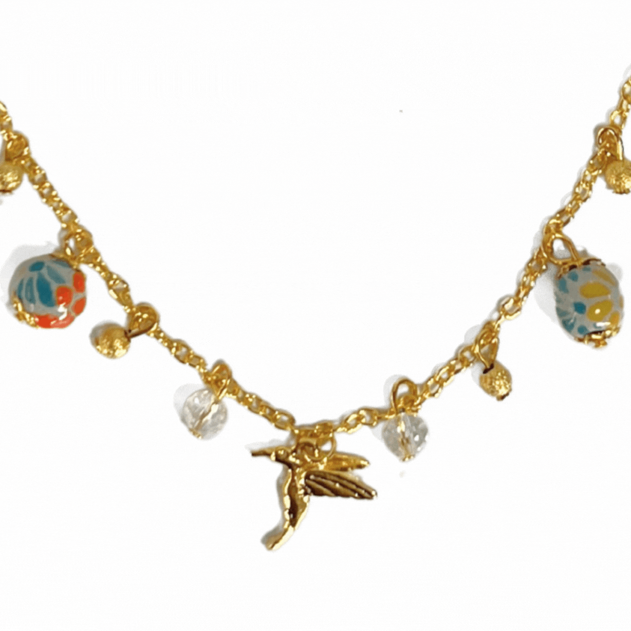 COLLAR COLIBRI CON ESFERAS MULTICOLOR CADENA DORADA