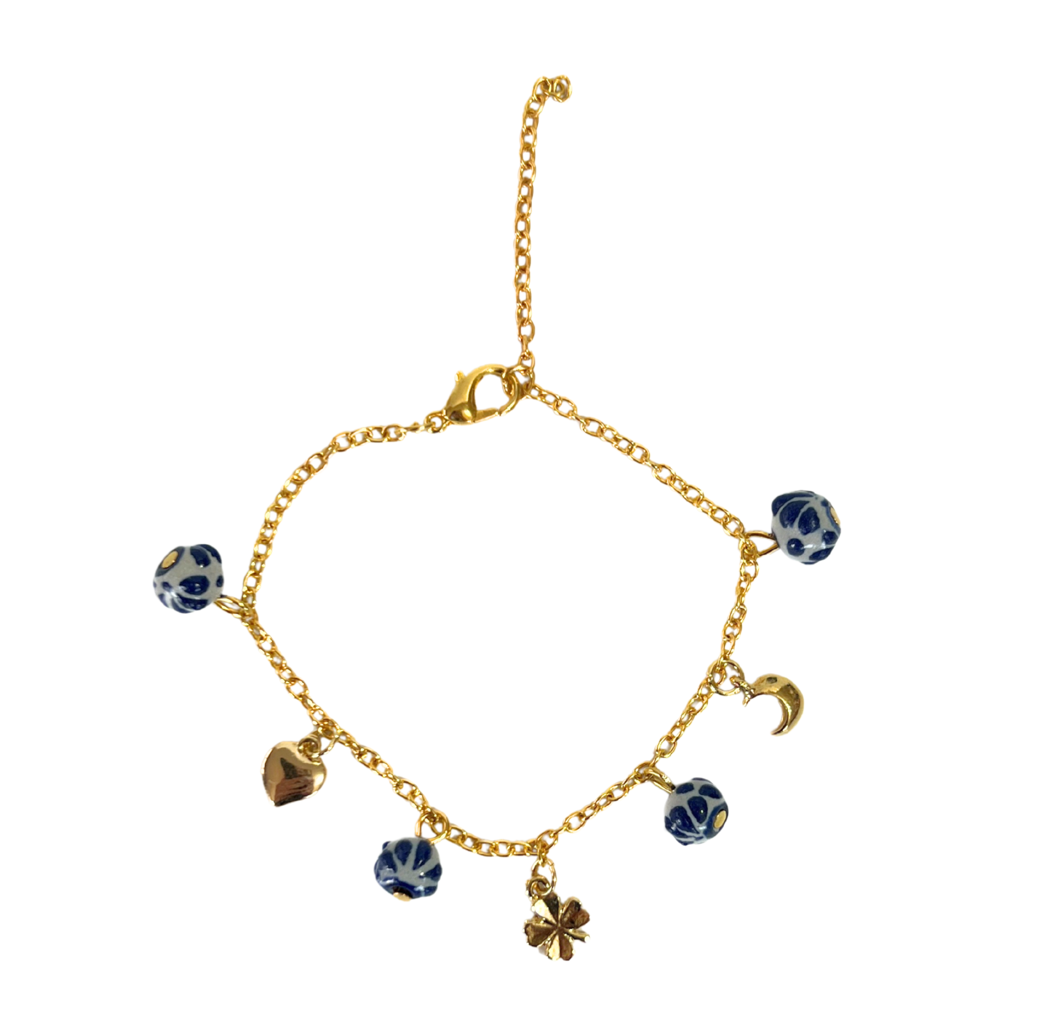 PULSERA LUNA TREBOL CORAZON CON ESFERAS DECORADO AZUL COBALTO CADENA DORADA