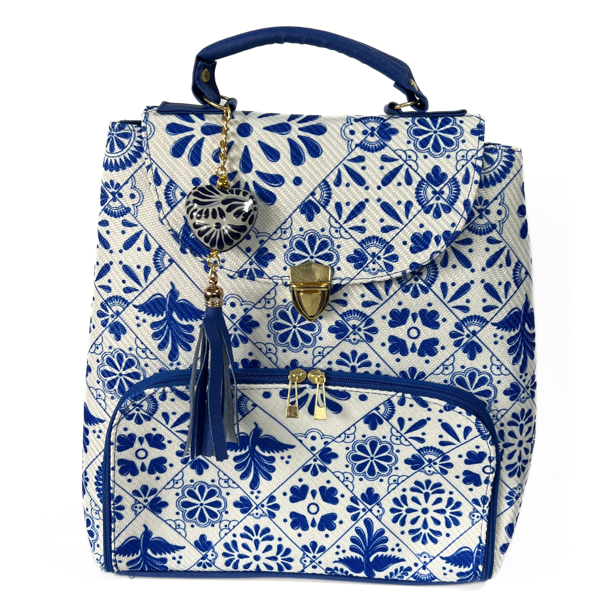MOCHILA CON BROCHE COLOR AZUL COBALTO ESTILO TALAVERA CON LLAVERO AZUL COBALTO