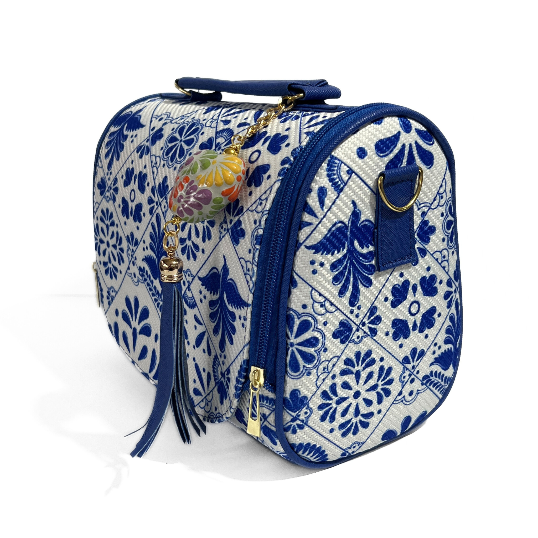 BOLSA COLOR AZUL COBALTO ESTILO TALAVERA CON LLAVERO MULTICOLOR