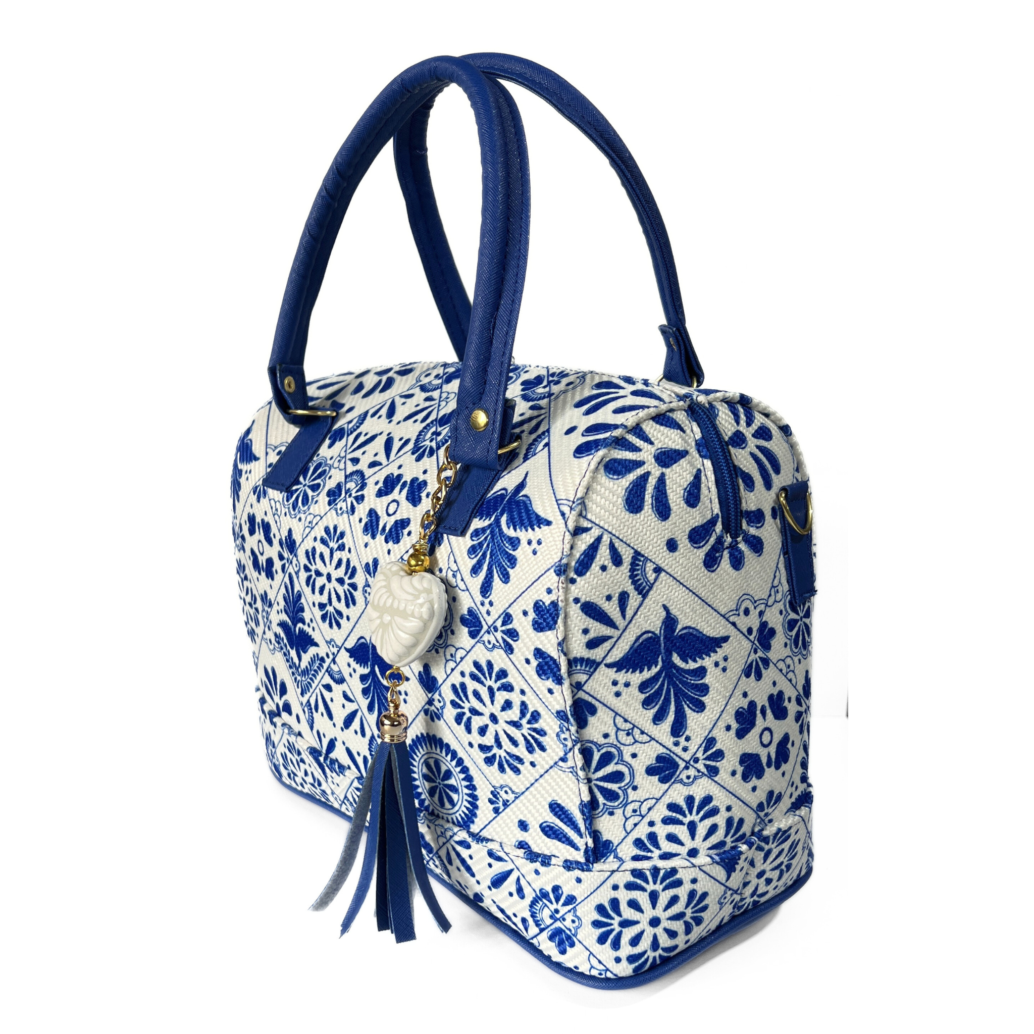 BOLSA COLOR AZUL COBALTO ESTILO TALAVERA CON LLAVERO BLANCO
