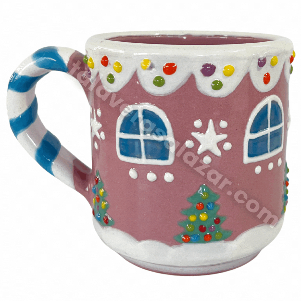 TAZA RECTA GALLETA DE JENGIBRE FONDO ROSA CON ASA BASTÓN TURQUESA