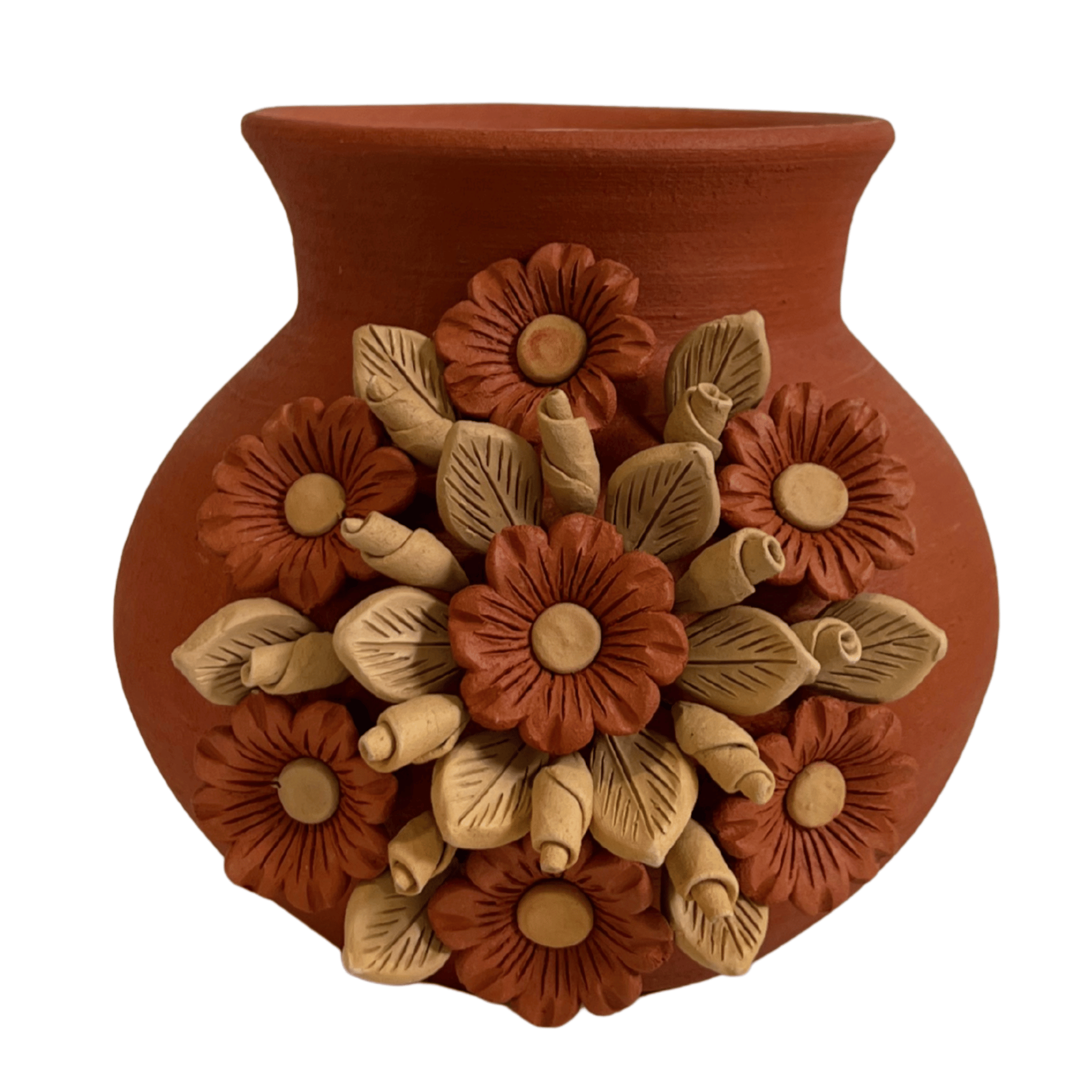 OLLA BARRO ROJO CON FLORES DE BARRO ROJO Y BLANCO