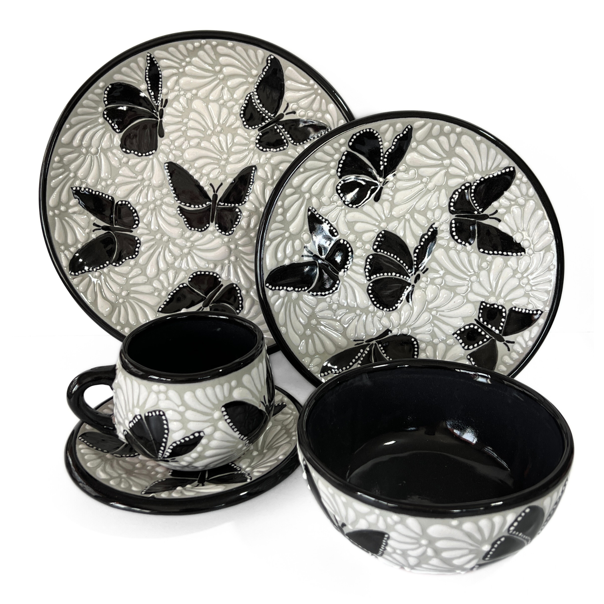 VAJILLA 5 PIEZAS FONDO TRADICIONAL MIK BLANCO ORILLA NEGRO MARIPOSAS NEGRAS