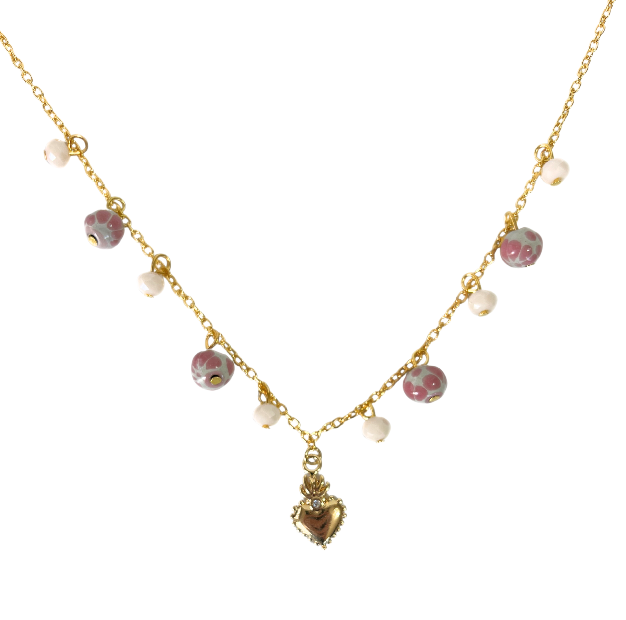 COLLAR CORAZON CON ESFERAS DECORADO ROSA CADENA DORADA