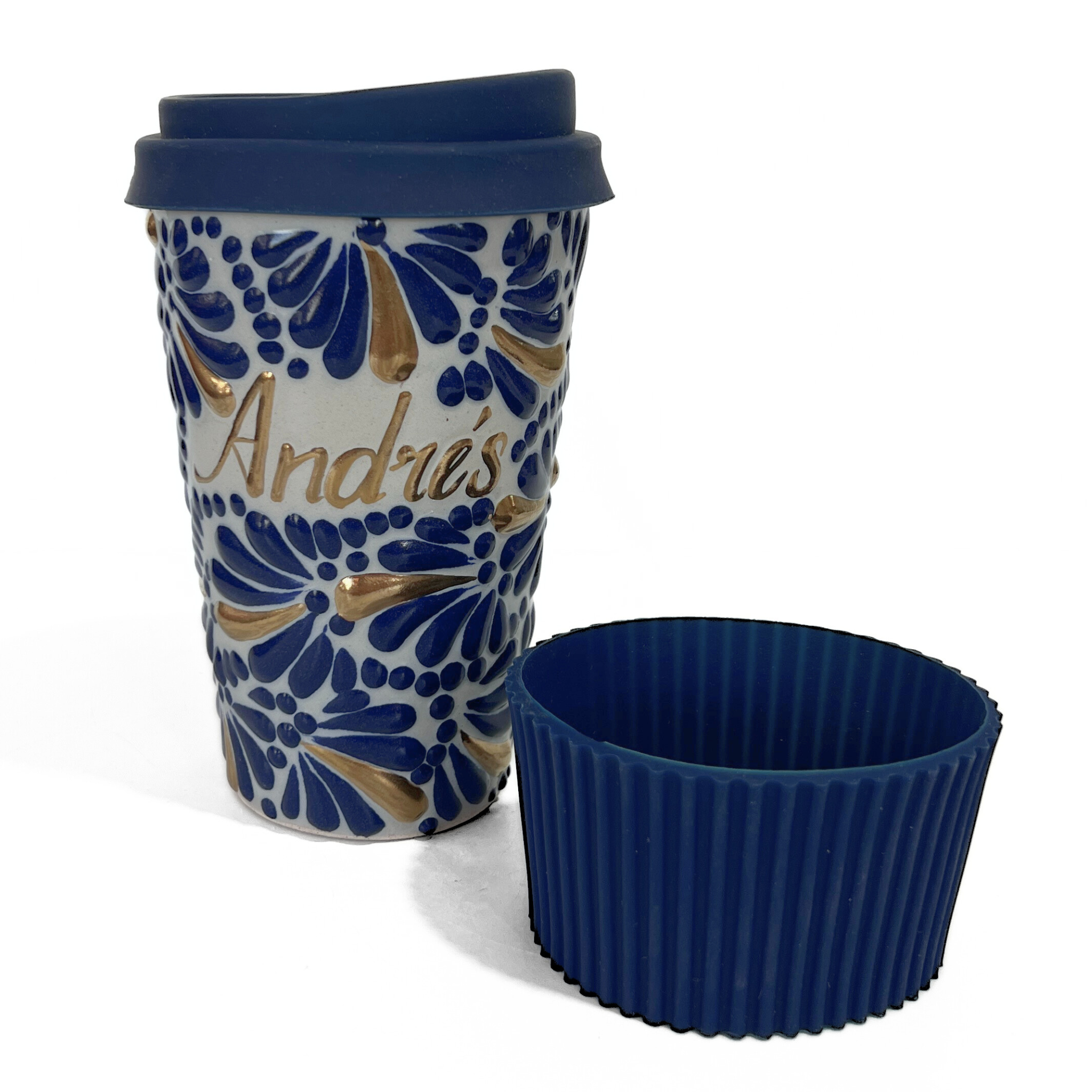 DESTELLOS DE ORO TERMO PERSONALIZADO 15 CM SIN ASA FONDO TRADICIONAL MIK AZUL COBALTO NOMBRE