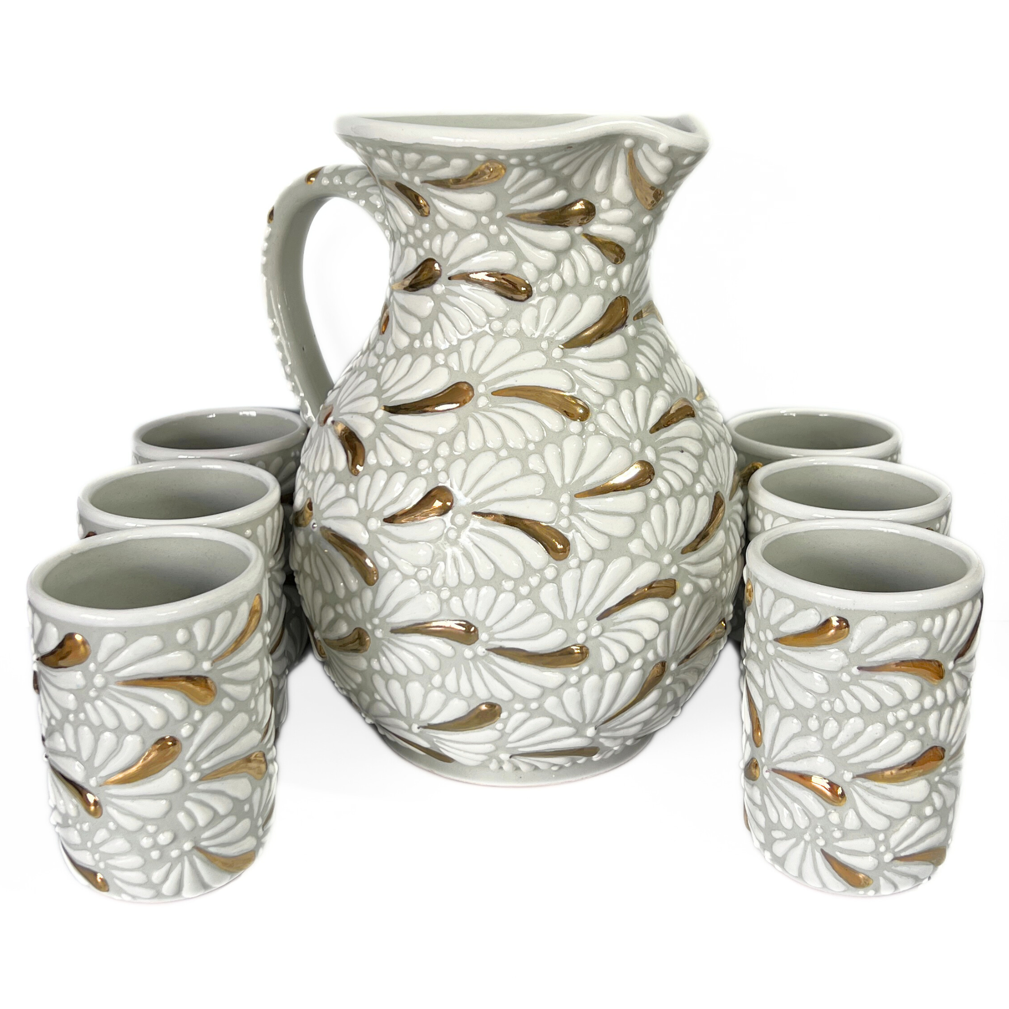 JUEGO DE JARRA CON 6 VASOS DESTELLOS DE ORO FONDO TRADICIONAL MIK BLANCO