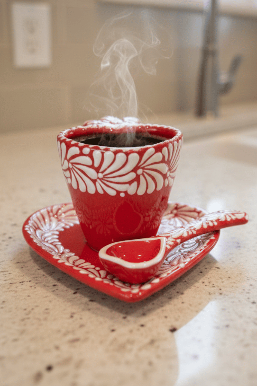 SET 3 PIEZAS FORMA CORAZON CON CUCHARA CORAZON FONDO ROJO MIK CENEFA BLANCO