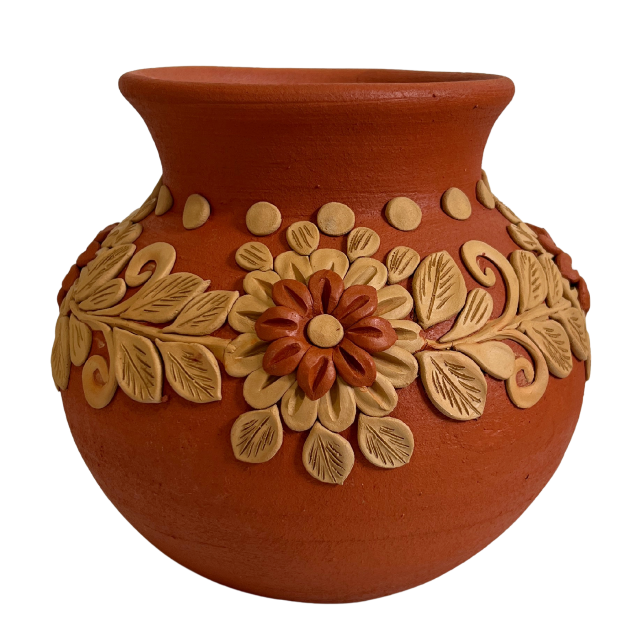 OLLA BARRO ROJO FLORES BARRO BORDADO BLANCO CON ROJO