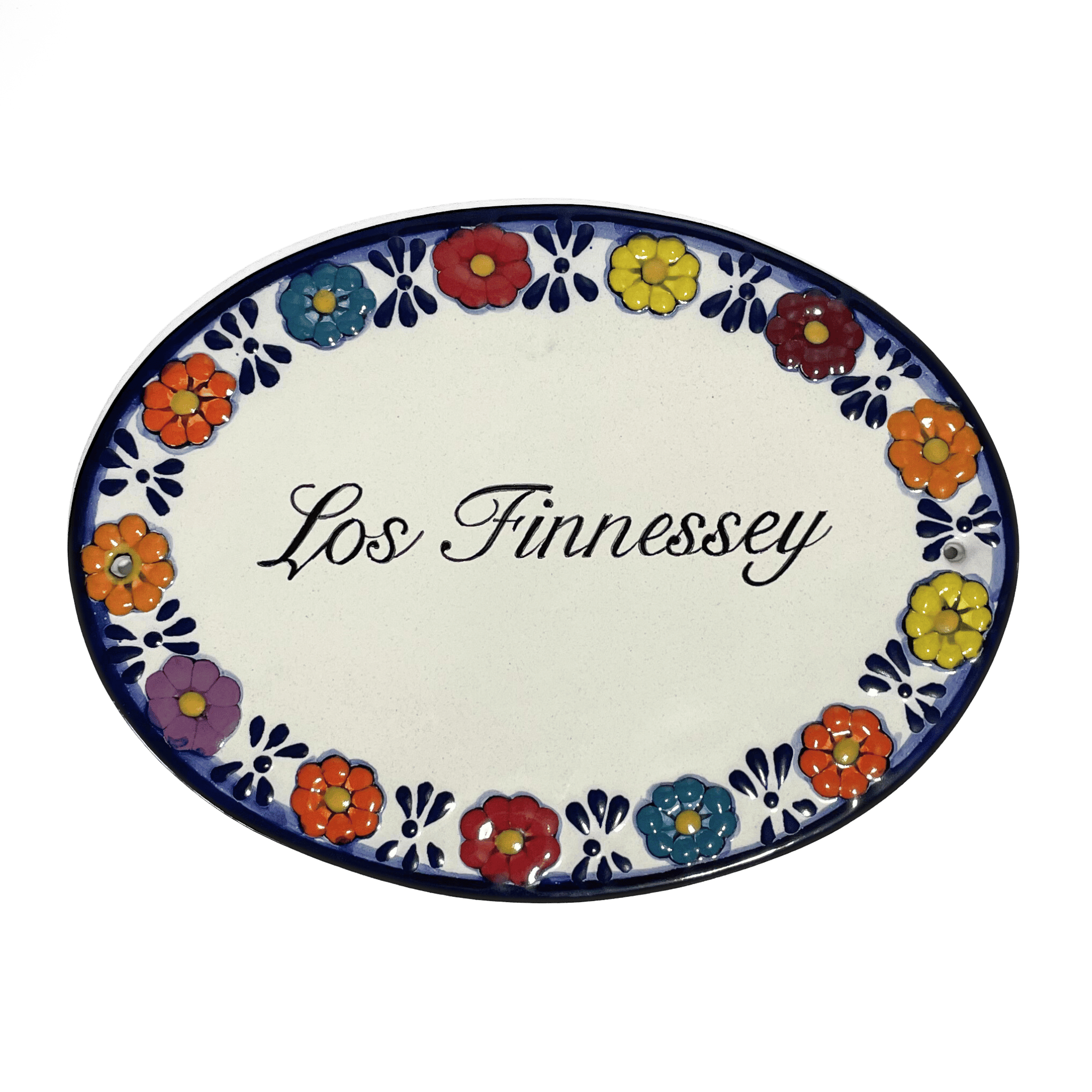 PLACA OVALADA FONDO TRADICIONAL CENEFA AZUL COBALTO FLORES MULTICOLOR