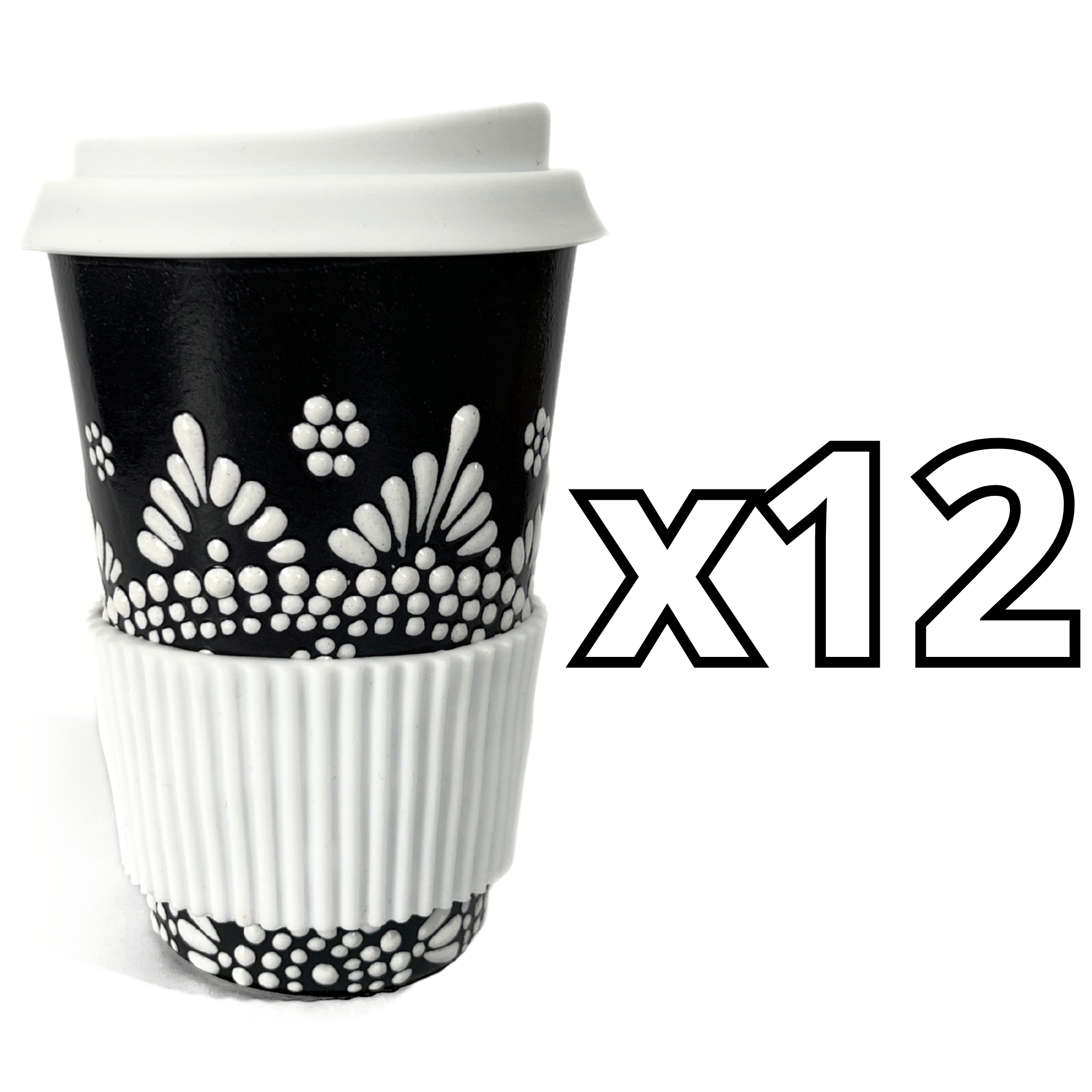 TERMO 15 CM SIN ASA FONDO NEGRO CENEFA MANDALA BLANCO