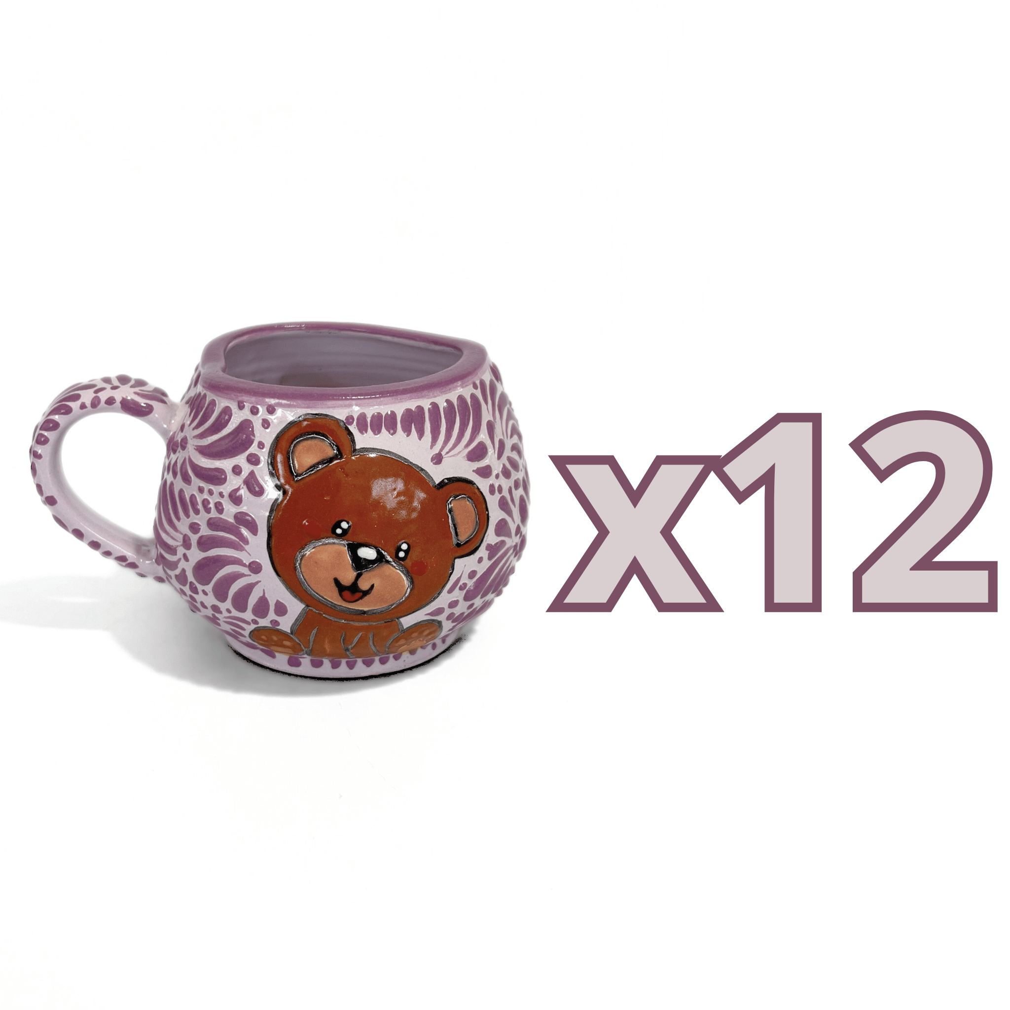 TAZA FORMA CORAZON CHOCOLATERA GRANDE FONDO LILA MIK MORADO OSITO COMPLETO