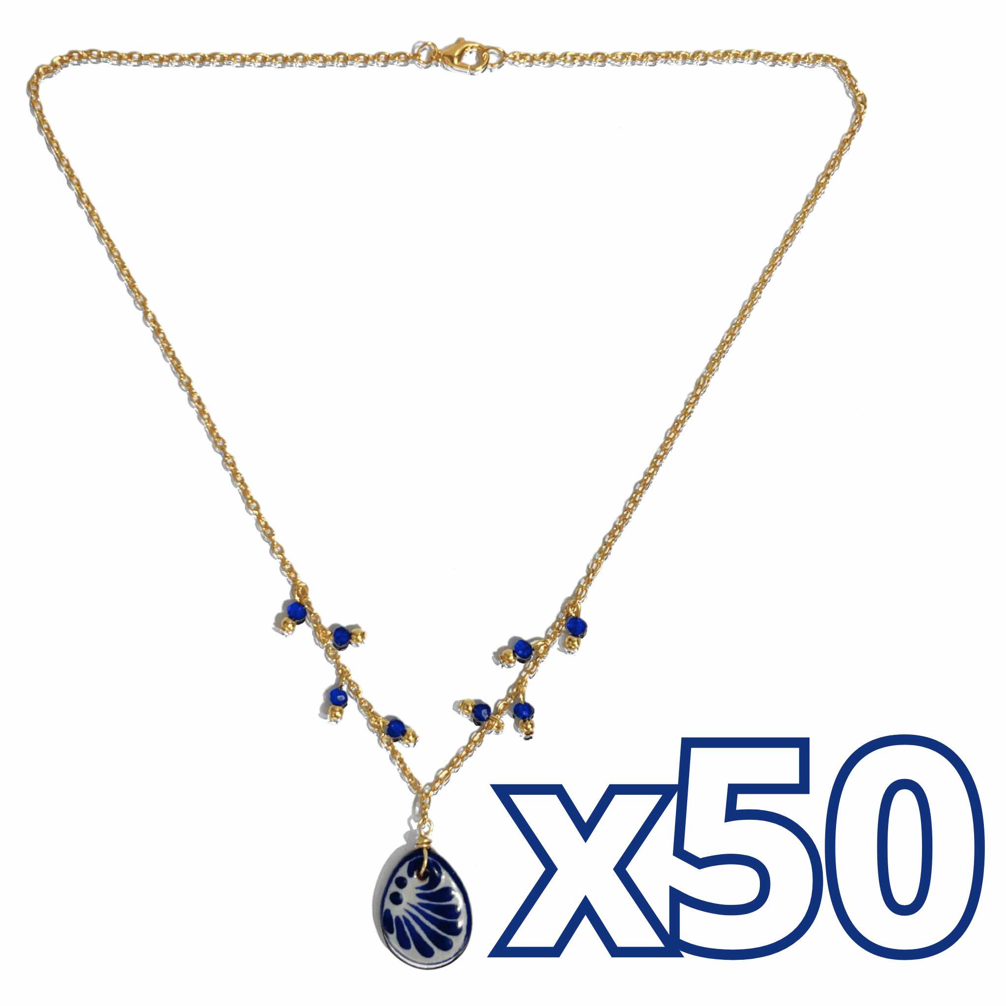 COLLAR GOTA PLANO FONDO TRADICIONAL DECORADO AZUL COBALTO CADENA DORADA