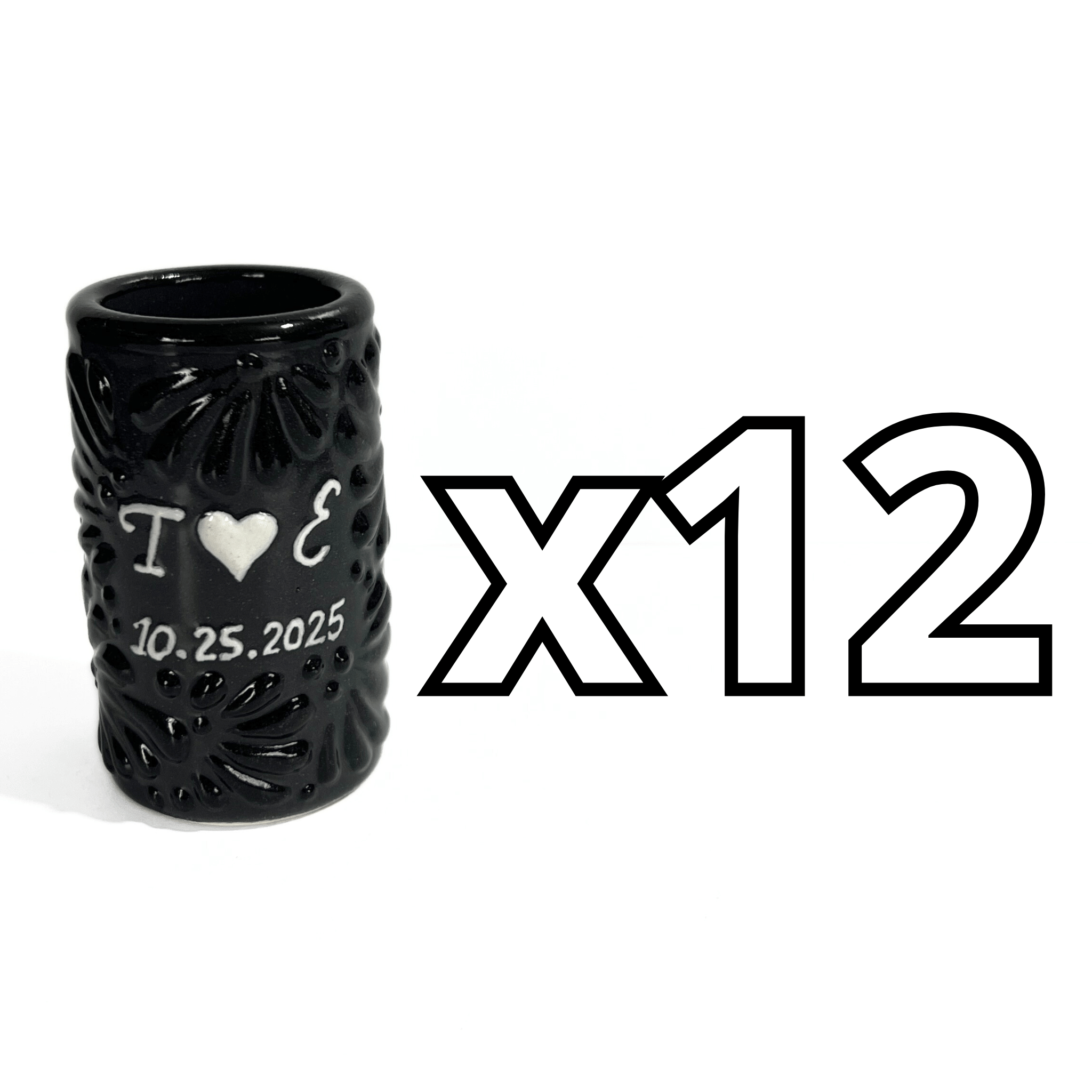 TEQUILERO PERSONALIZADO MIK SUPER BLACK INICIALES Y FECHA CON CORAZON