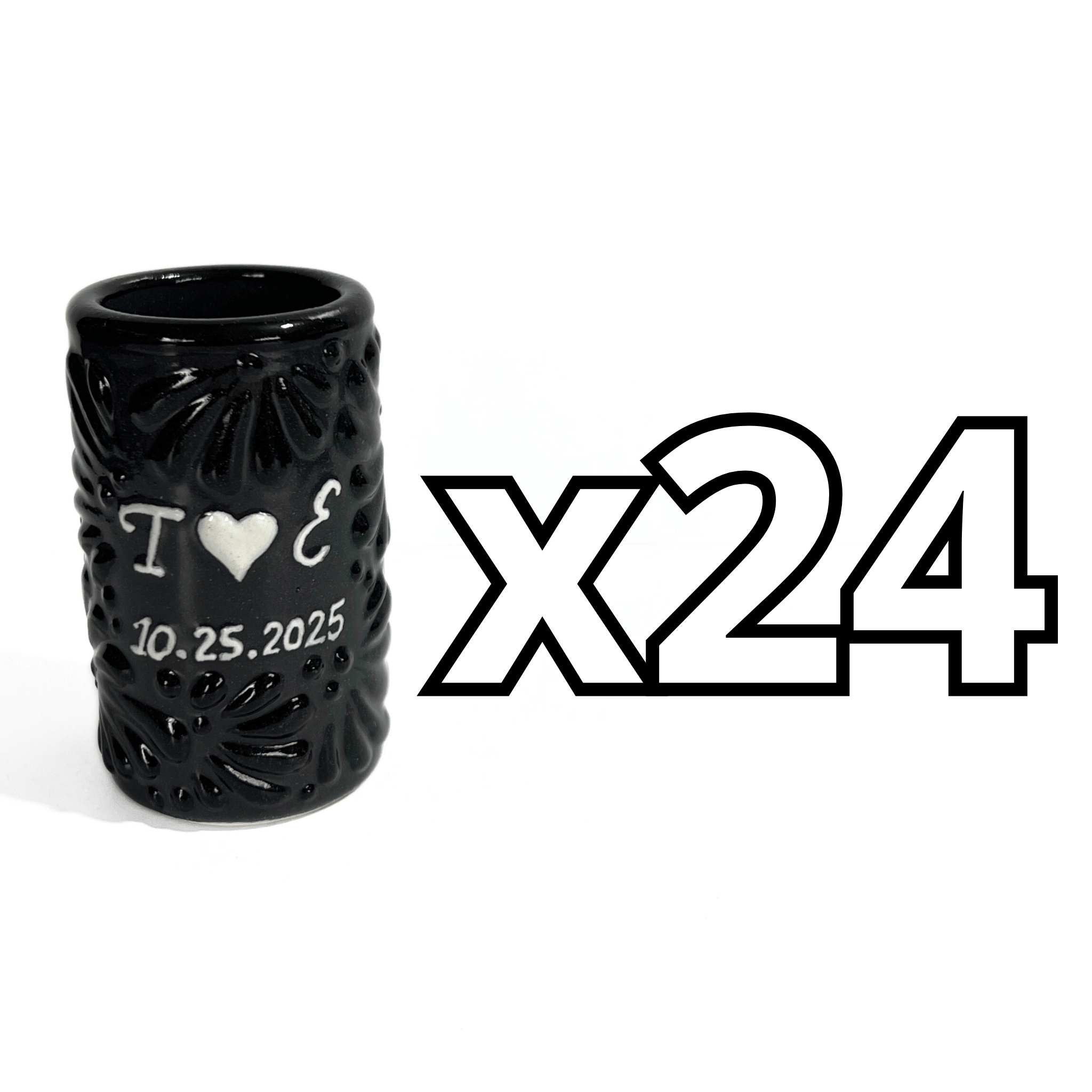 TEQUILERO PERSONALIZADO MIK SUPER BLACK INICIALES Y FECHA CON CORAZON