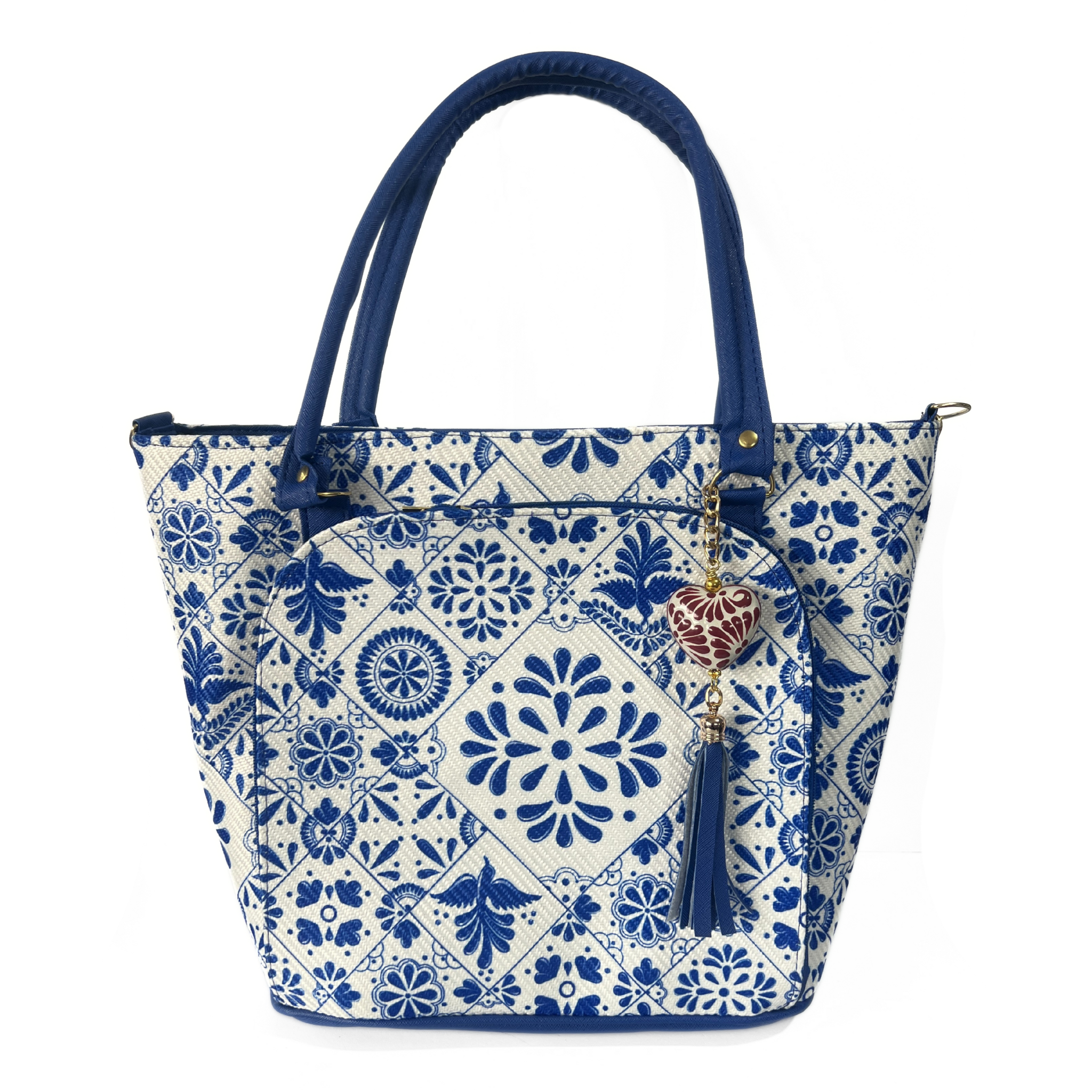 BOLSA COLOR AZUL COBALTO ESTILO TALAVERA CON LLAVERO VINO