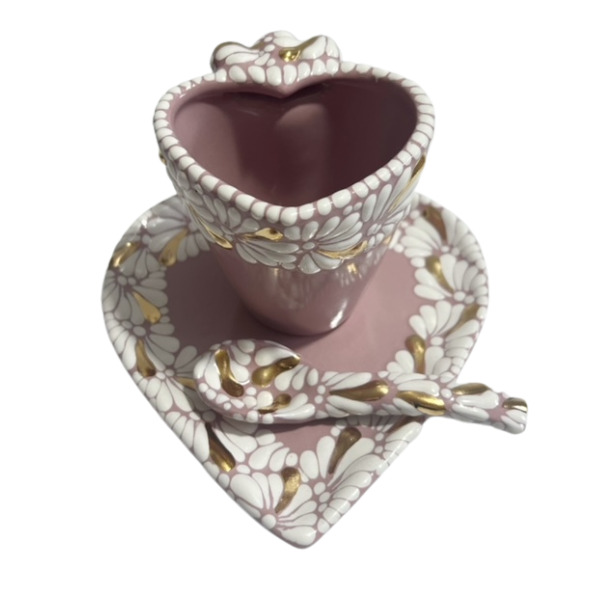 SET 3 PIEZAS FORMA CORAZON FONDO ROSA CENEFA MIK BLANCO DESTELLOS DE ORO