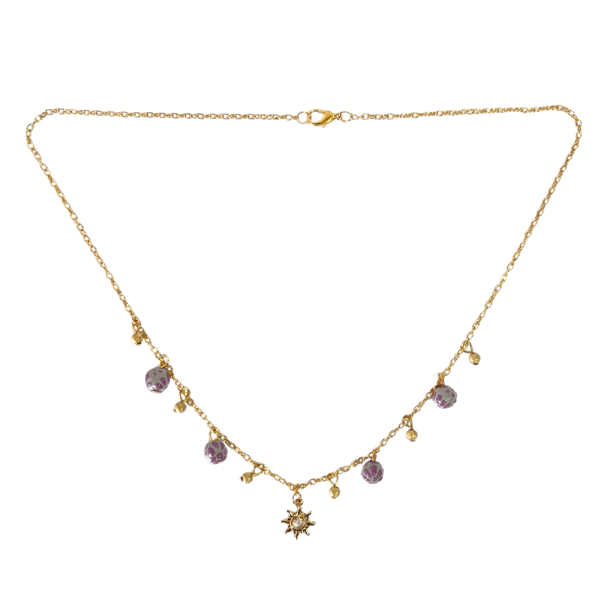 COLLAR SOL CON ESFERAS DECORADO MORADO CADENA DORADA