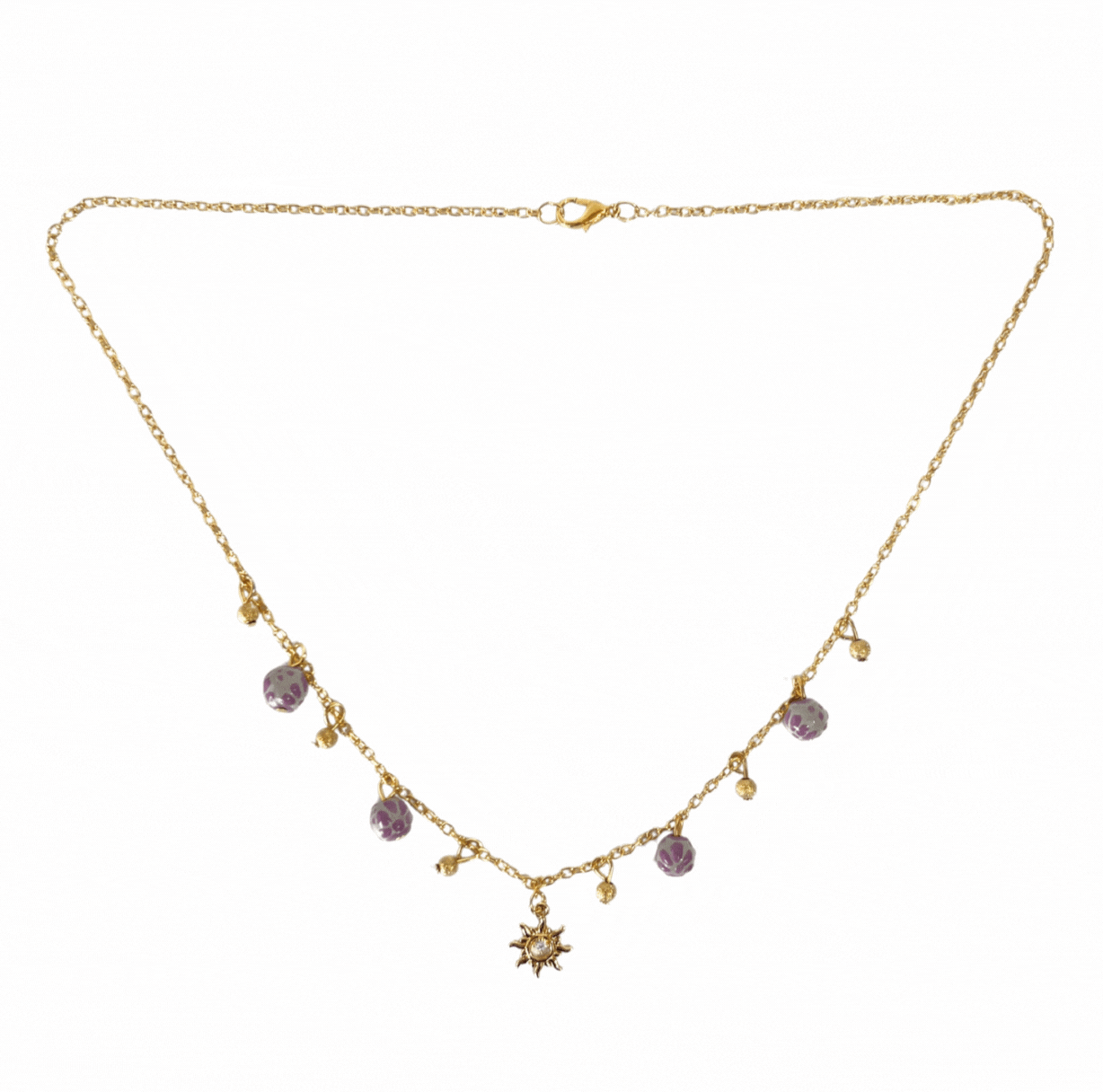 COLLAR SOL CON ESFERAS DECORADO MORADO CADENA DORADA