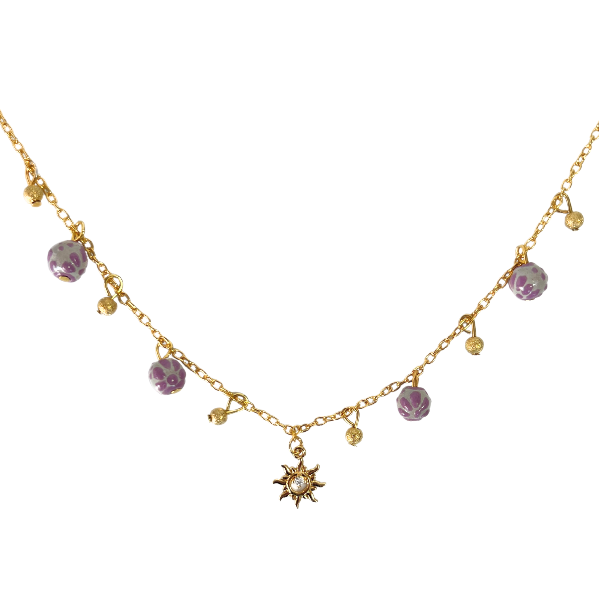COLLAR SOL CON ESFERAS DECORADO MORADO CADENA DORADA