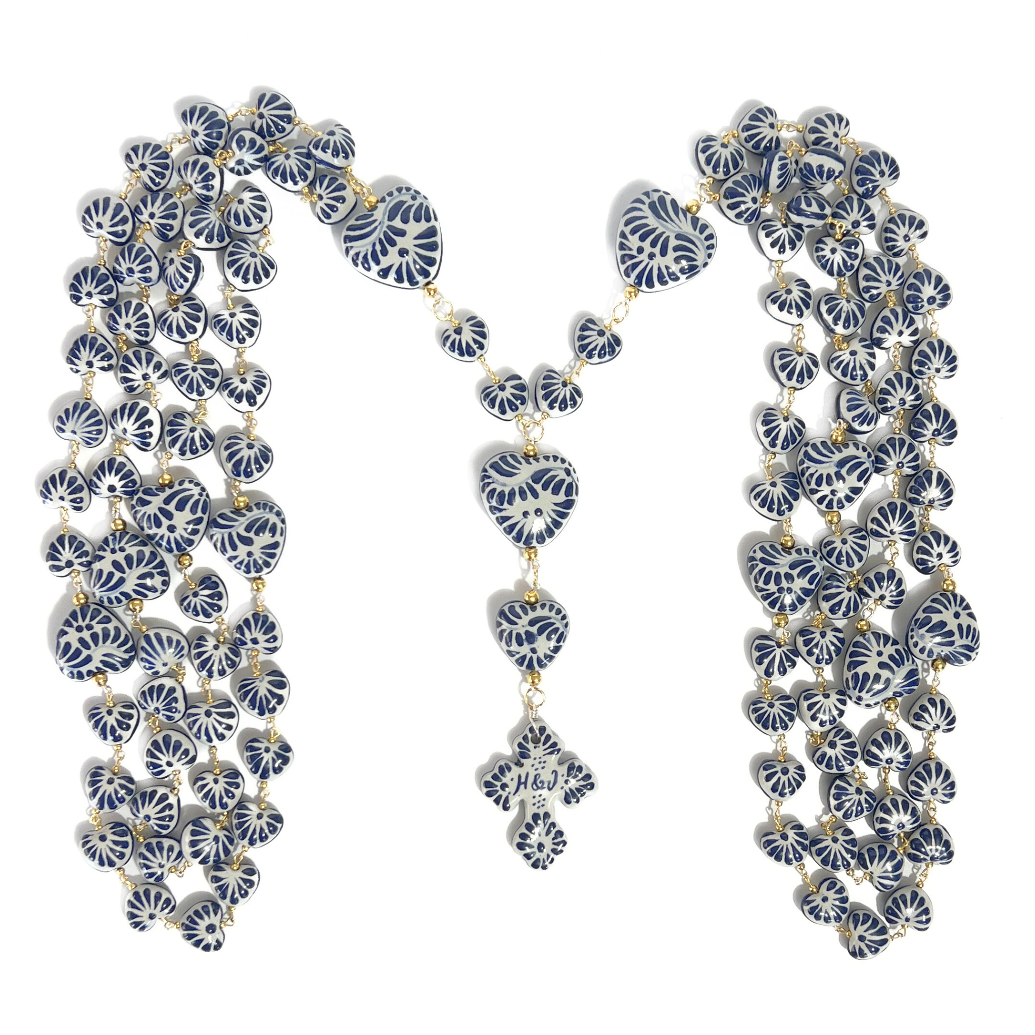 LAZO MATRIMONIAL CORAZONES AZUL COBALTO UNIONES DORADO INICIALES